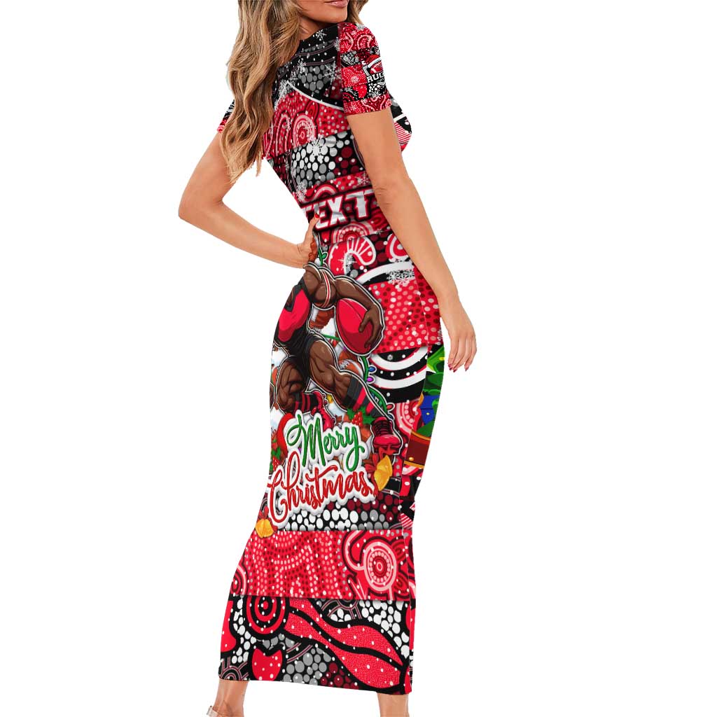 Custom Bombers Rugby Merry Christmas Family Matching Short Sleeve Bodycon Dress and Hawaiian Shirt Indigenous Australian Art