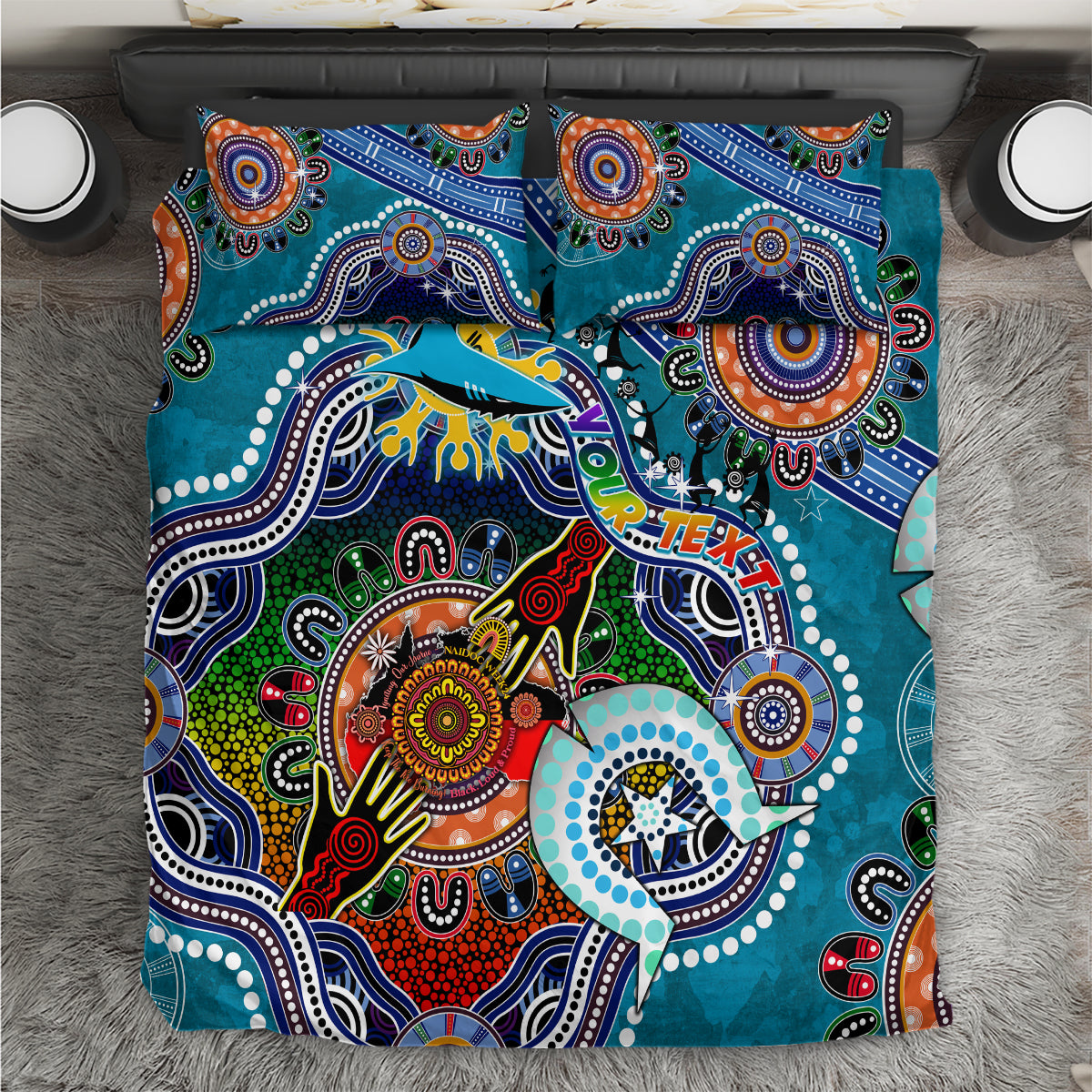 Personalised Sharks NAIDOC Week 2024 Bedding Set Australia Aboriginal Dot Painting - Vibe Hoodie Shop