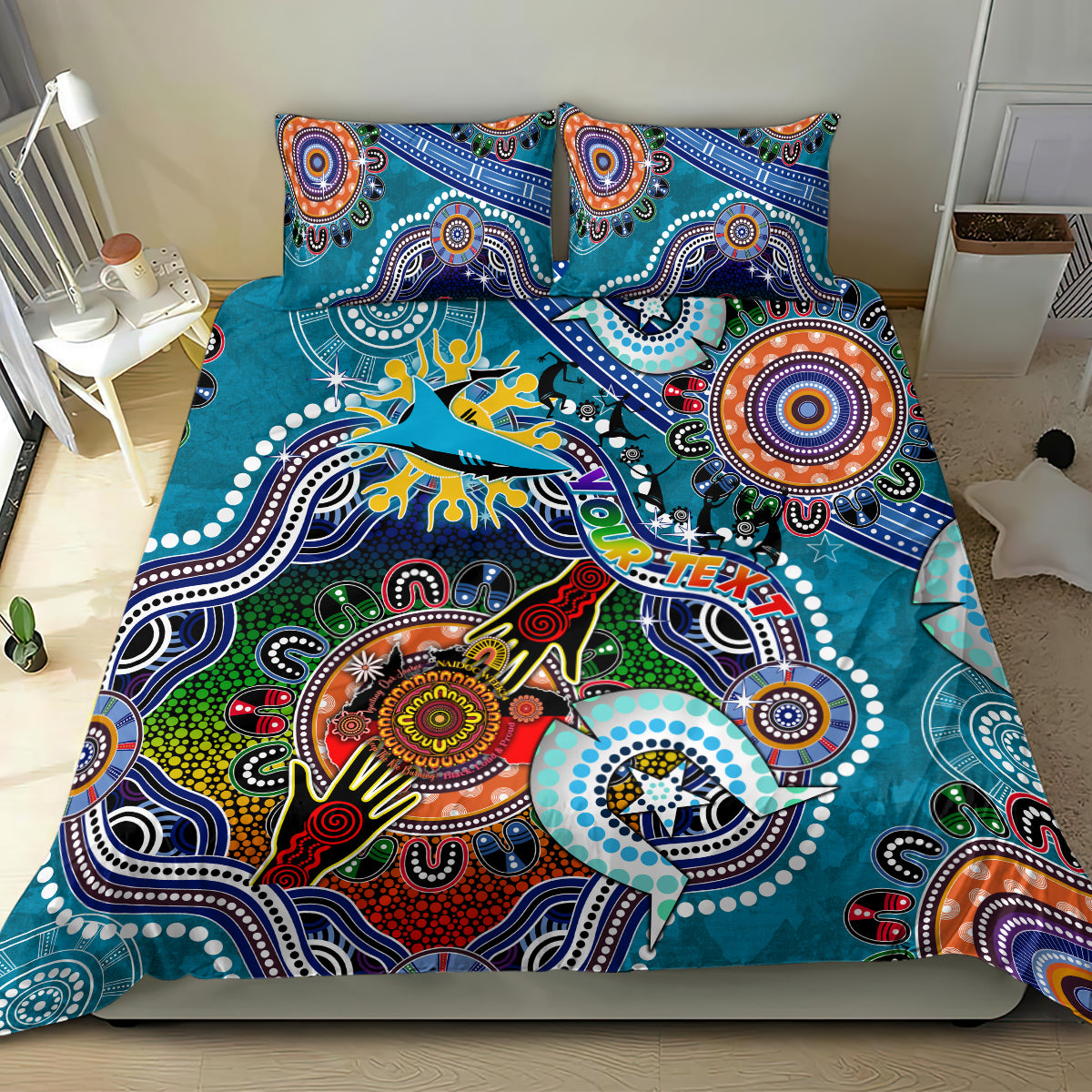 Personalised Sharks NAIDOC Week 2024 Bedding Set Australia Aboriginal Dot Painting - Vibe Hoodie Shop