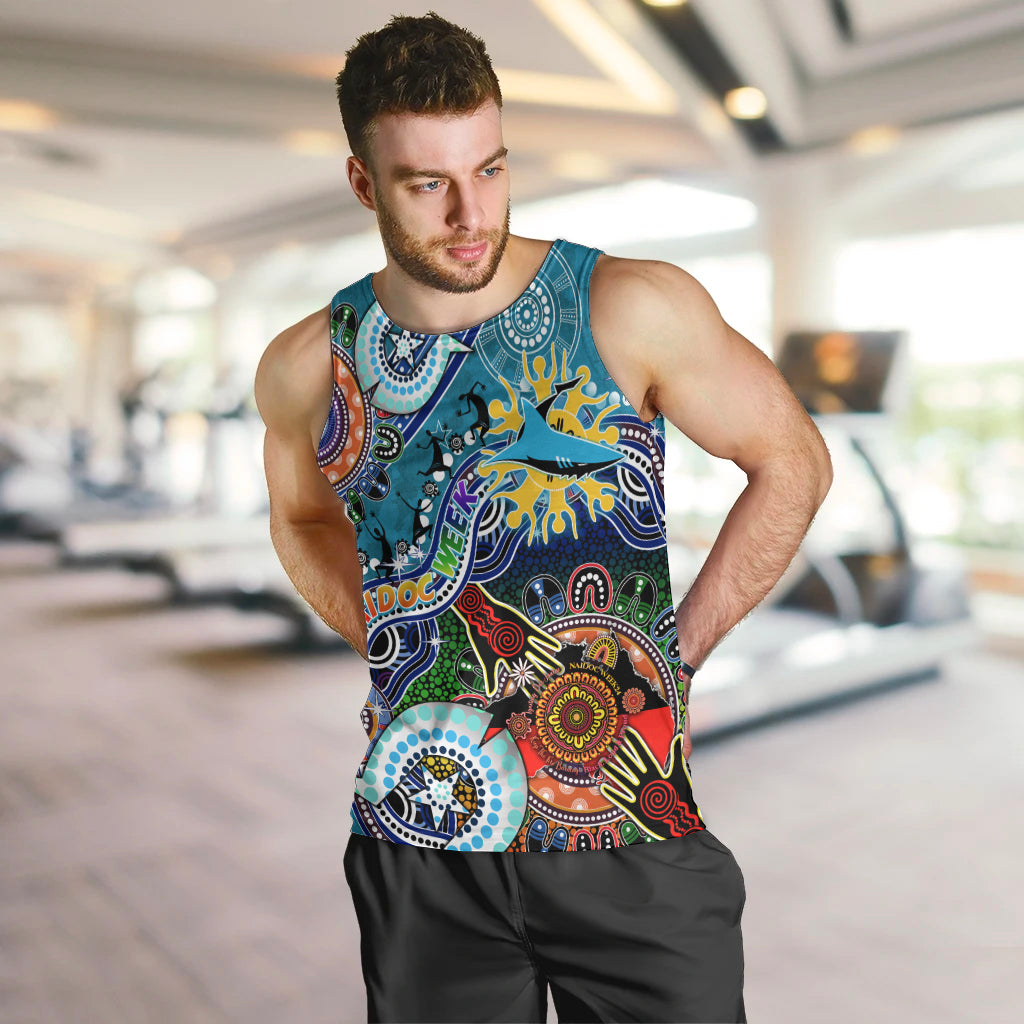 Personalised Sharks NAIDOC Week 2024 Men Tank Top Australia Aboriginal Dot Painting - Vibe Hoodie Shop