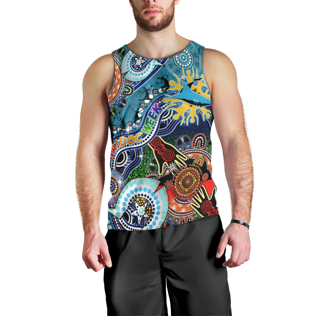 Personalised Sharks NAIDOC Week 2024 Men Tank Top Australia Aboriginal Dot Painting - Vibe Hoodie Shop