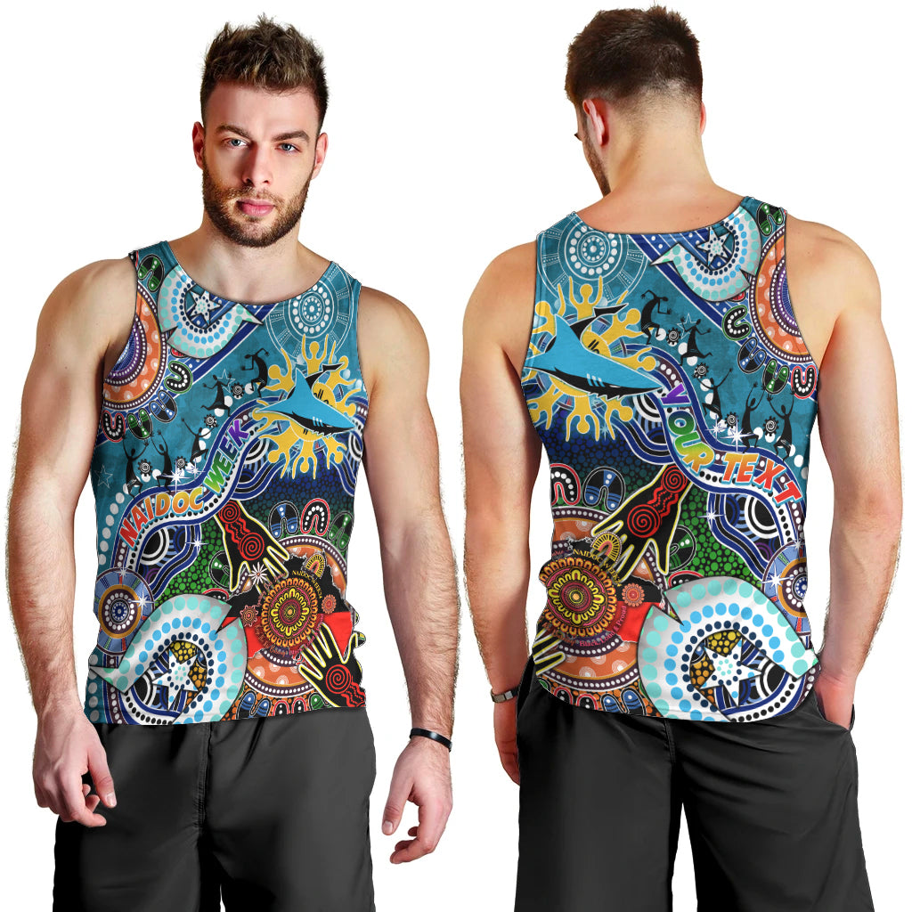 Personalised Sharks NAIDOC Week 2024 Men Tank Top Australia Aboriginal Dot Painting - Vibe Hoodie Shop