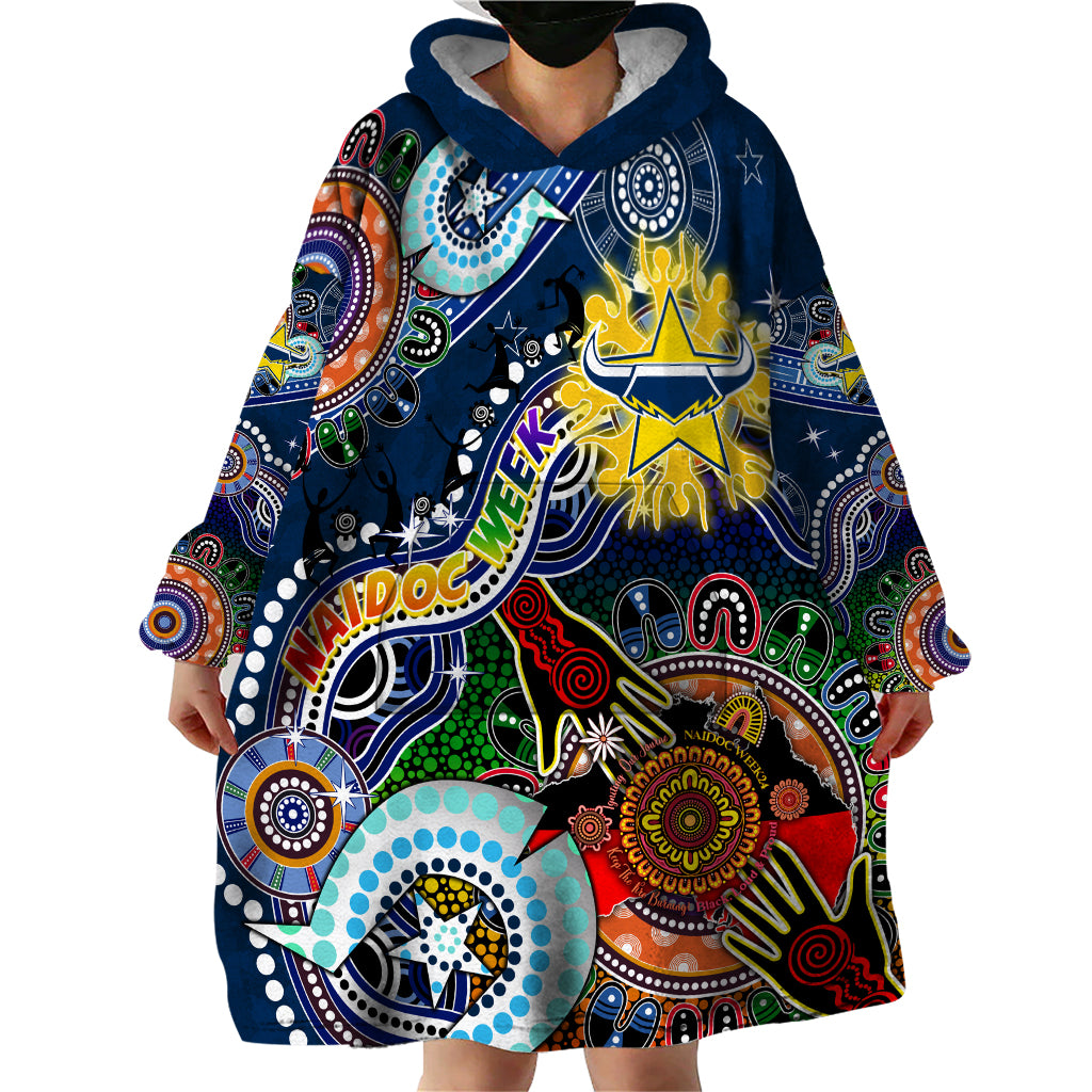 Personalised Cowboys NAIDOC Week 2024 Wearable Blanket Hoodie Australia Aboriginal Dot Painting - Vibe Hoodie Shop