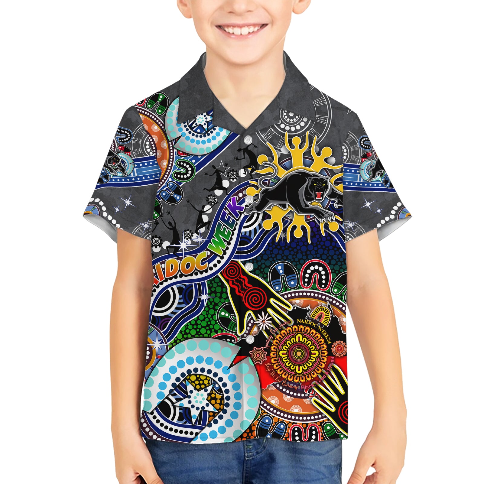 Personalised Panthers NAIDOC Week 2024 Hawaiian Shirt Australia Aboriginal Dot Painting - Vibe Hoodie Shop