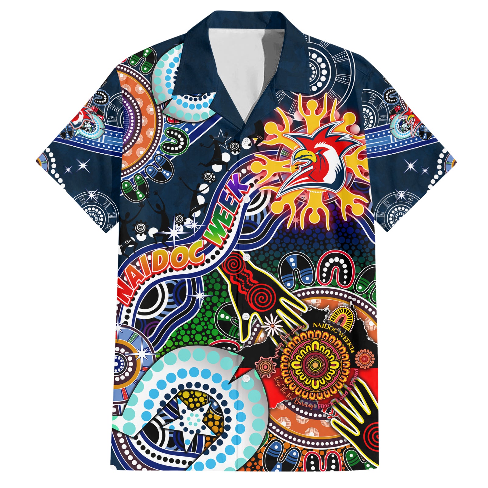 Personalised Roosters NAIDOC Week 2024 Hawaiian Shirt Australia Aboriginal Dot Painting - Vibe Hoodie Shop