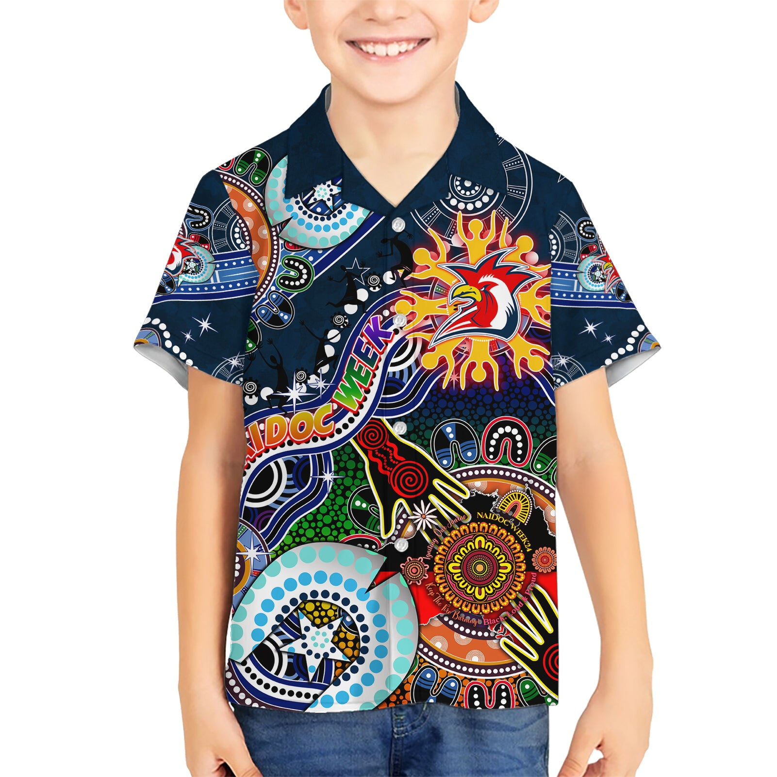 Personalised Roosters NAIDOC Week 2024 Hawaiian Shirt Australia Aboriginal Dot Painting - Vibe Hoodie Shop