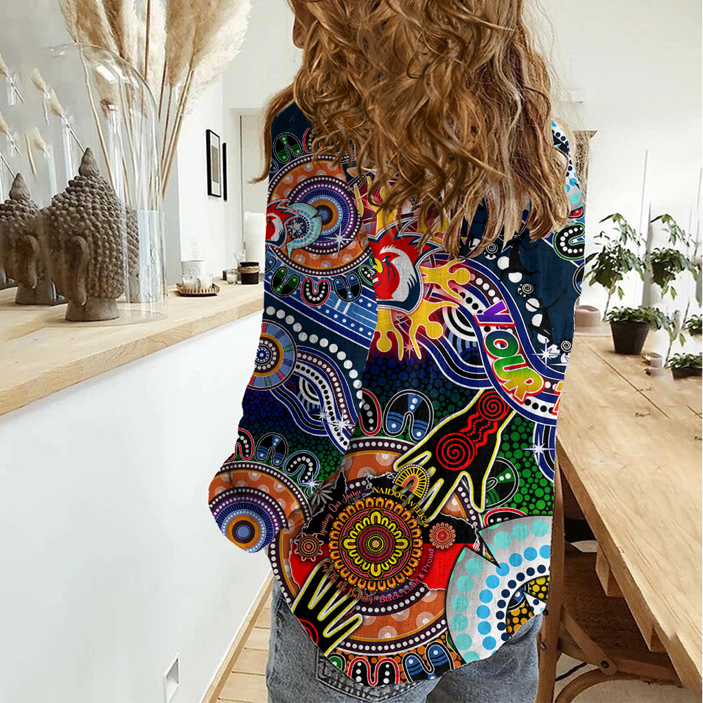 Personalised Roosters NAIDOC Week 2024 Women Casual Shirt Australia Aboriginal Dot Painting - Vibe Hoodie Shop