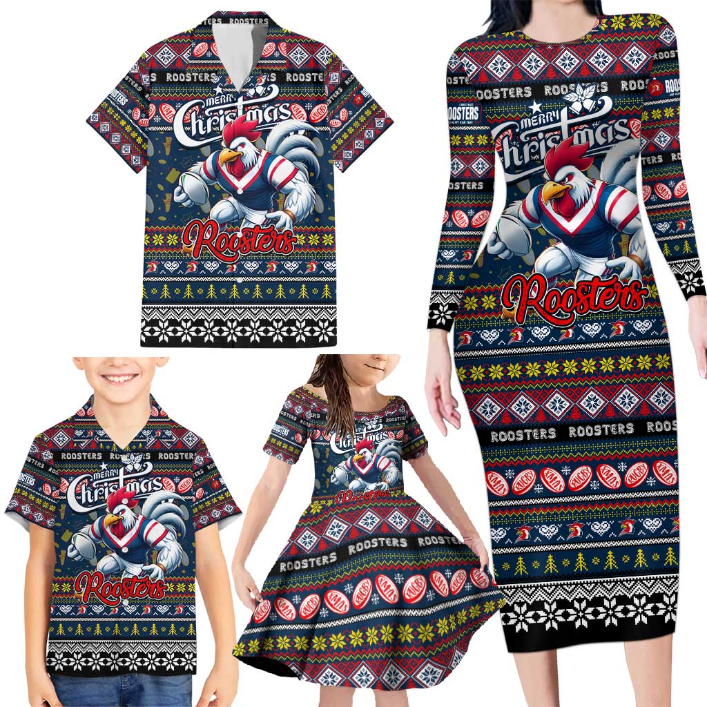 Personalized Roosters Rugby Xmas Family Matching Long Sleeve Bodycon Dress and Hawaiian Shirt Australia NRL Mascot
