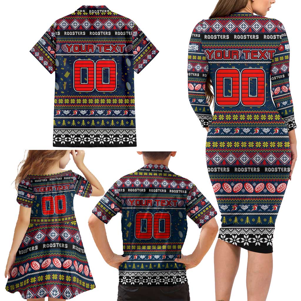 Personalized Roosters Rugby Xmas Family Matching Long Sleeve Bodycon Dress and Hawaiian Shirt Australia NRL Mascot
