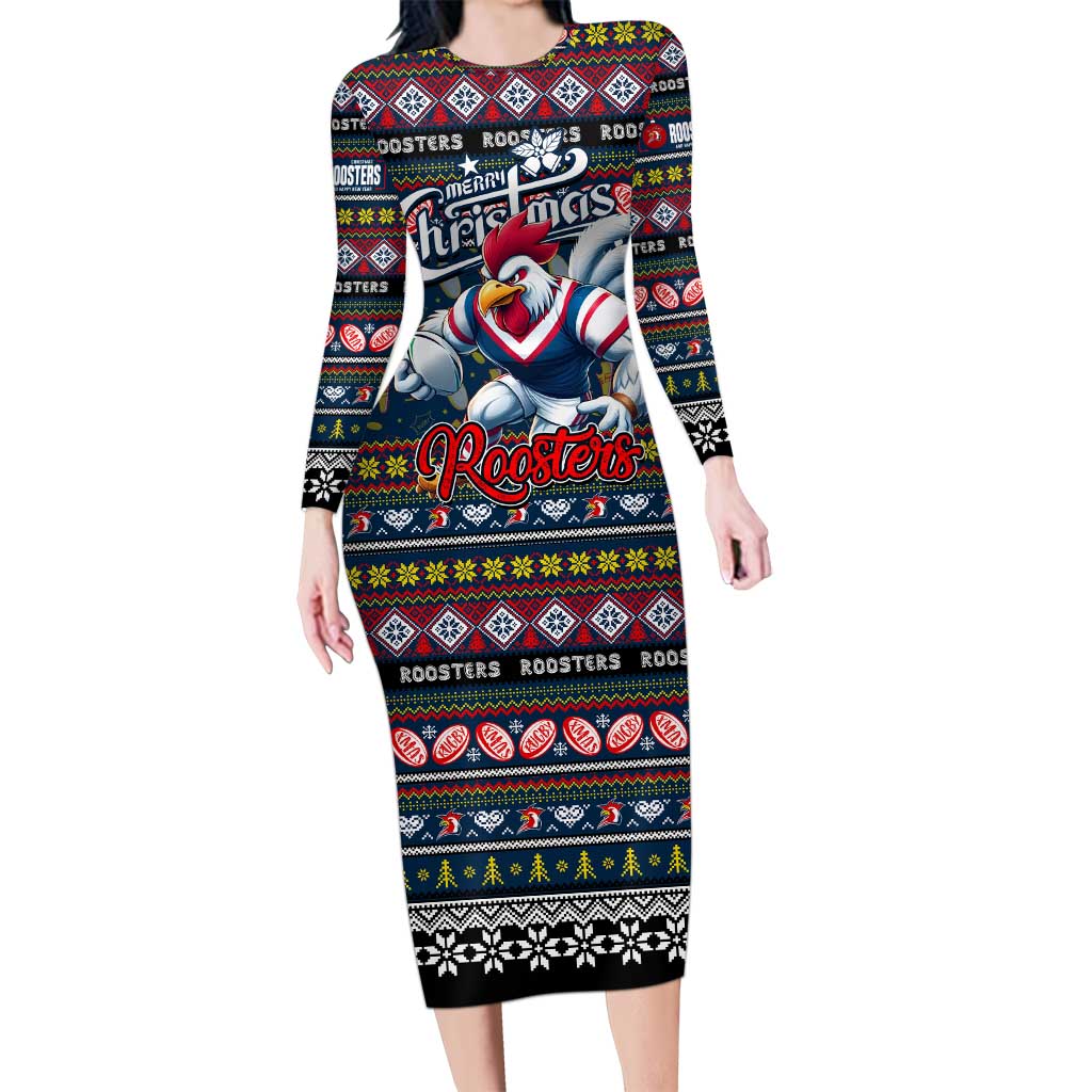 Personalized Roosters Rugby Xmas Family Matching Long Sleeve Bodycon Dress and Hawaiian Shirt Australia NRL Mascot