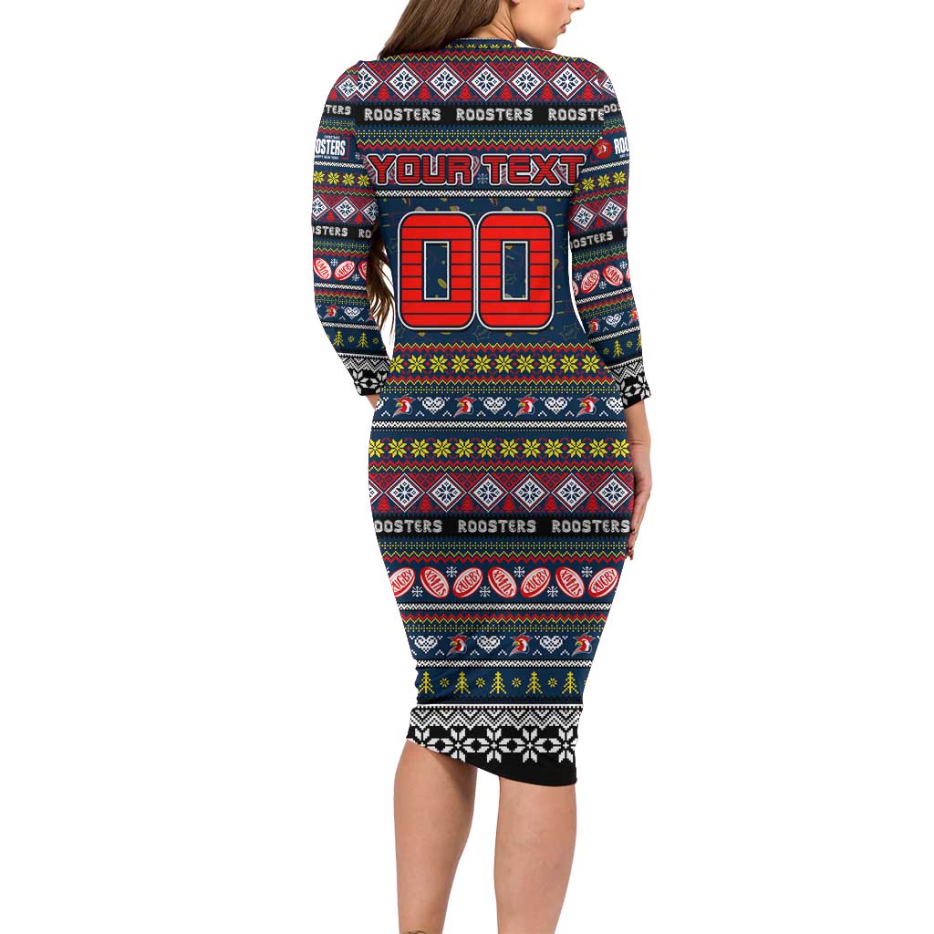 Personalized Roosters Rugby Xmas Family Matching Long Sleeve Bodycon Dress and Hawaiian Shirt Australia NRL Mascot