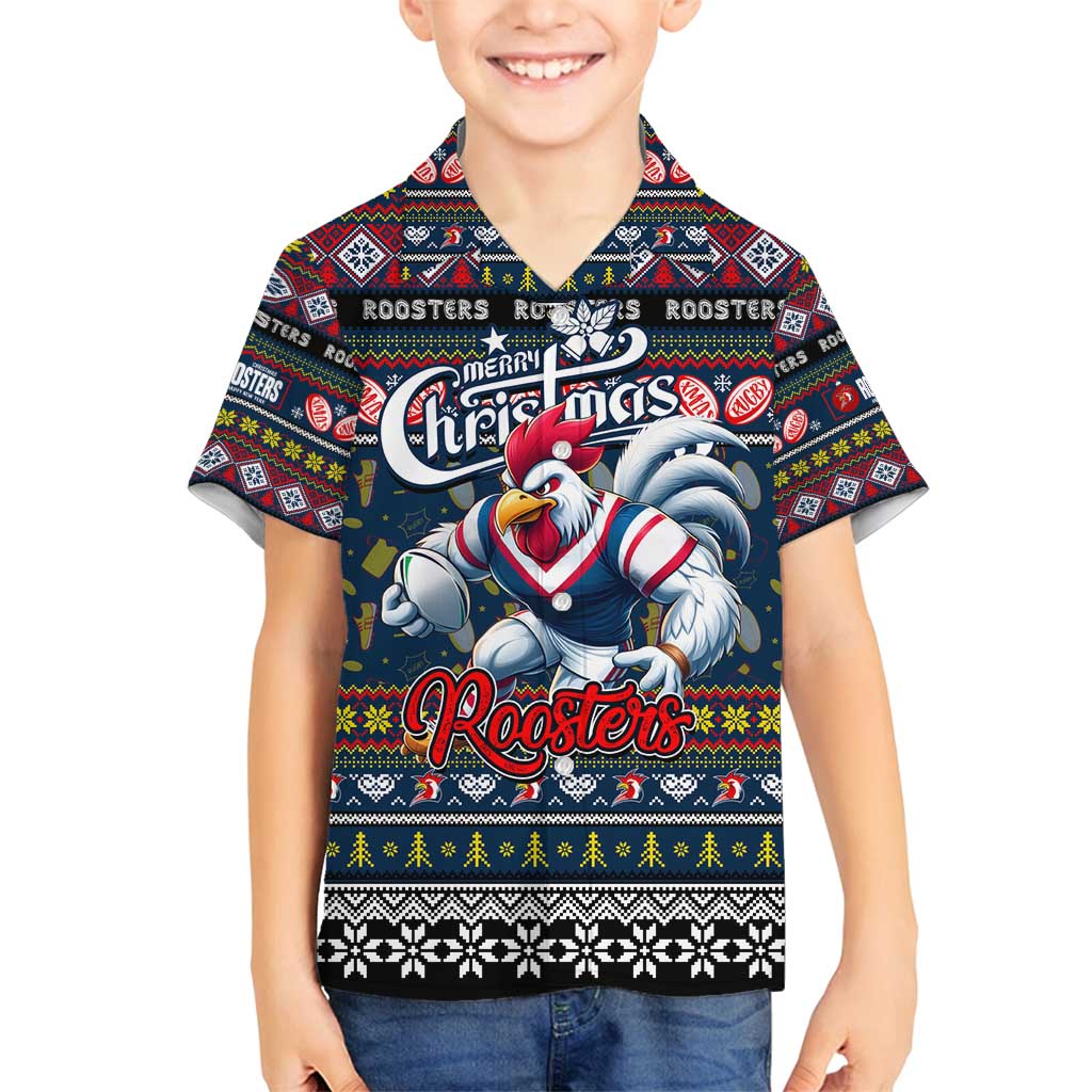Personalized Roosters Rugby Xmas Family Matching Long Sleeve Bodycon Dress and Hawaiian Shirt Australia NRL Mascot