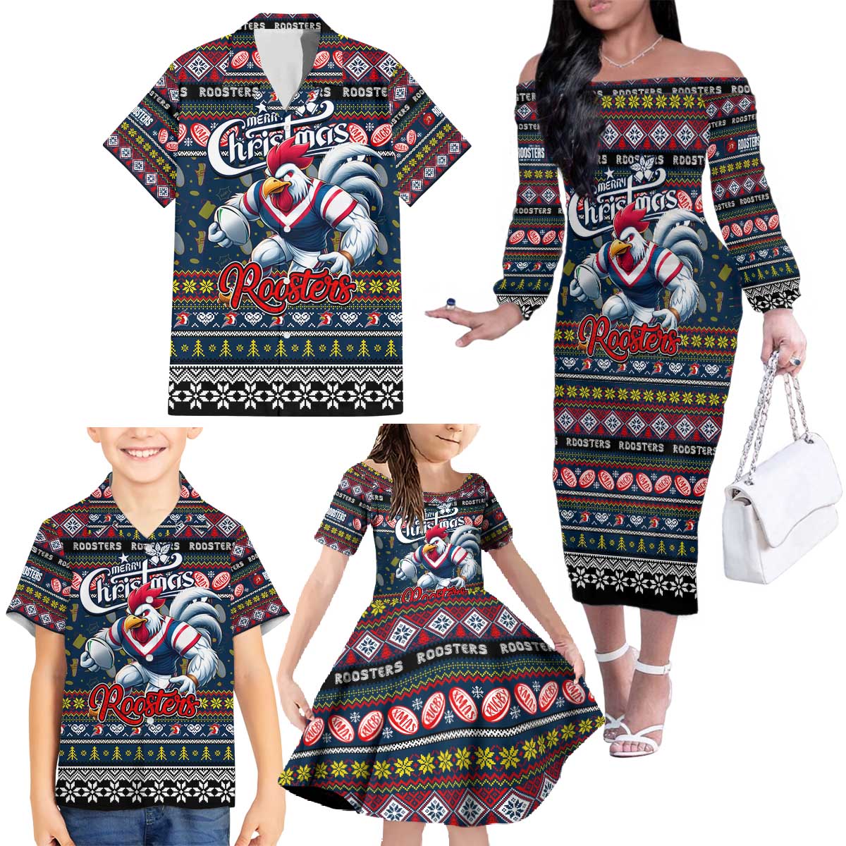 Personalized Roosters Rugby Xmas Family Matching Off The Shoulder Long Sleeve Dress and Hawaiian Shirt Australia NRL Mascot