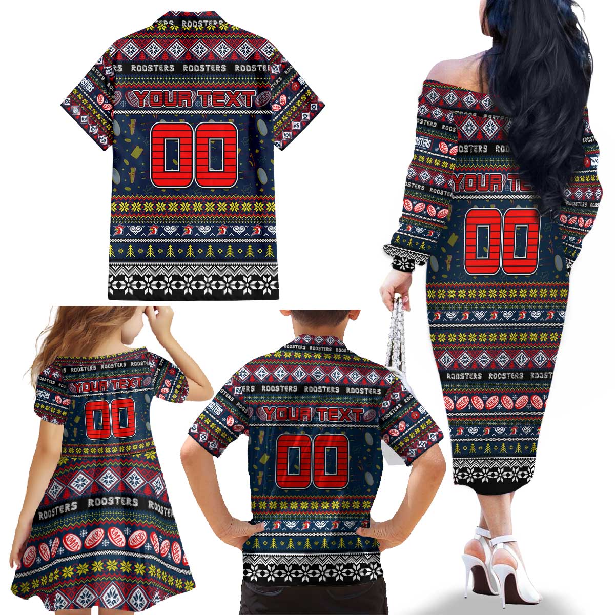 Personalized Roosters Rugby Xmas Family Matching Off The Shoulder Long Sleeve Dress and Hawaiian Shirt Australia NRL Mascot
