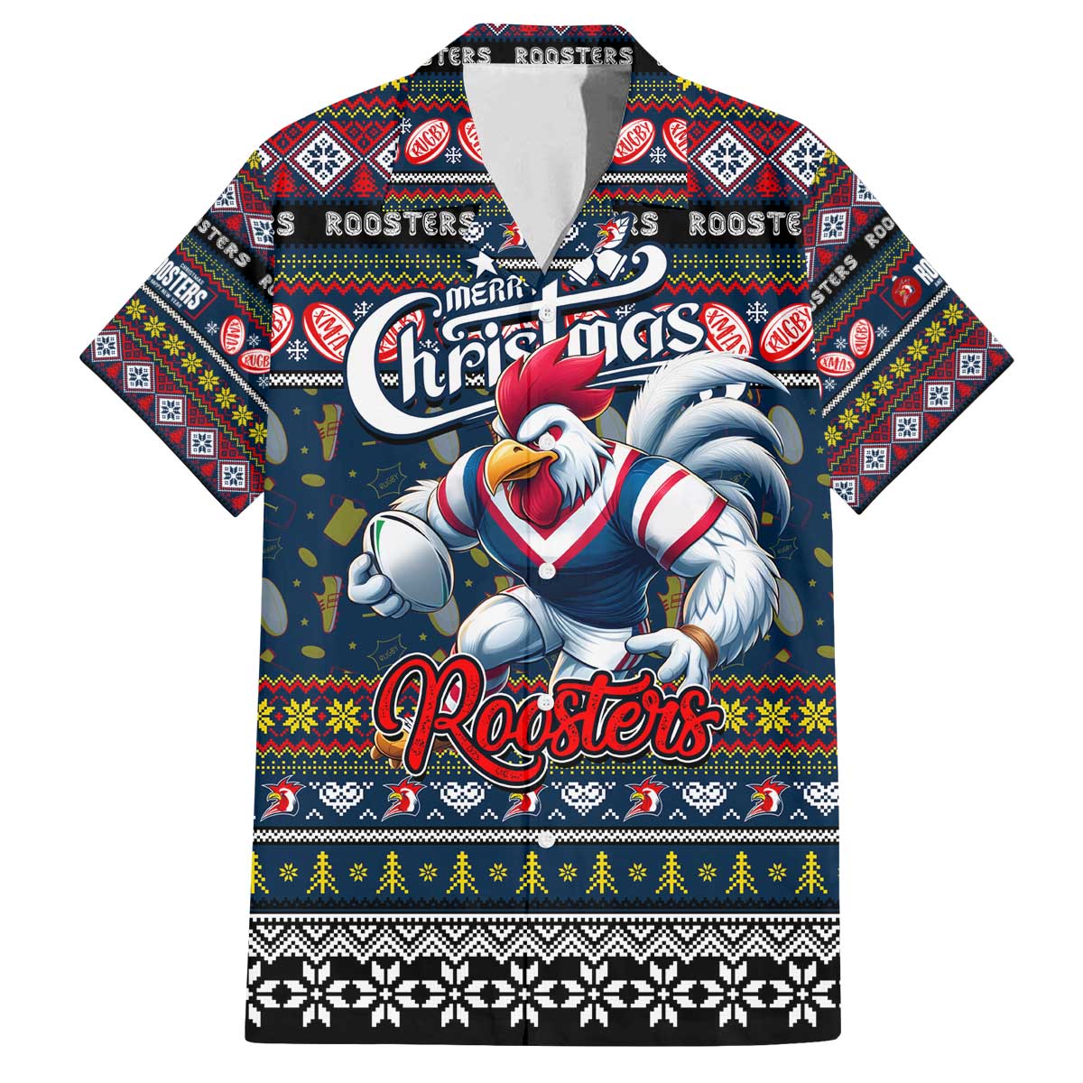 Personalized Roosters Rugby Xmas Family Matching Off The Shoulder Long Sleeve Dress and Hawaiian Shirt Australia NRL Mascot