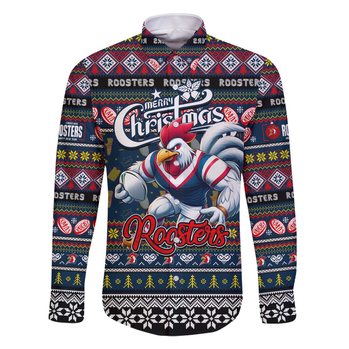 Personalized Roosters Rugby Xmas Family Matching Off The Shoulder Long Sleeve Dress and Hawaiian Shirt Australia NRL Mascot
