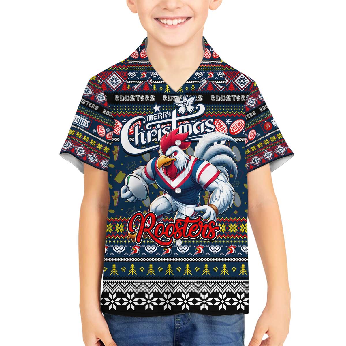 Personalized Roosters Rugby Xmas Family Matching Off The Shoulder Long Sleeve Dress and Hawaiian Shirt Australia NRL Mascot