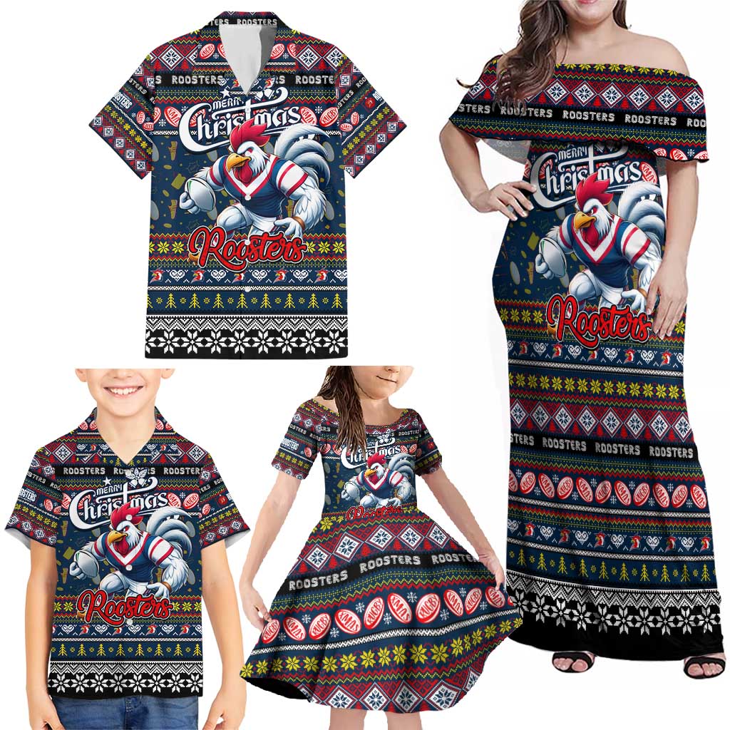 Personalized Roosters Rugby Xmas Family Matching Off Shoulder Maxi Dress and Hawaiian Shirt Australia NRL Mascot