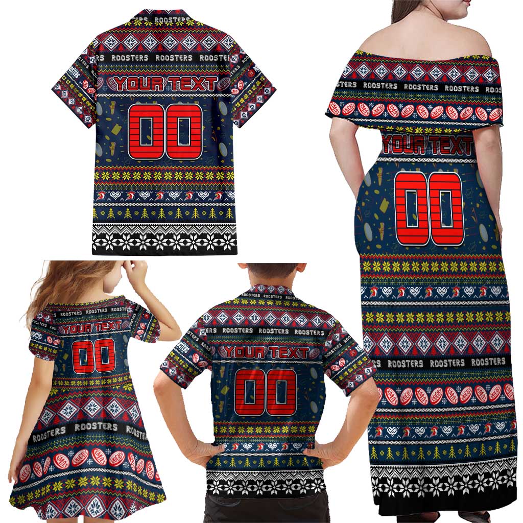 Personalized Roosters Rugby Xmas Family Matching Off Shoulder Maxi Dress and Hawaiian Shirt Australia NRL Mascot