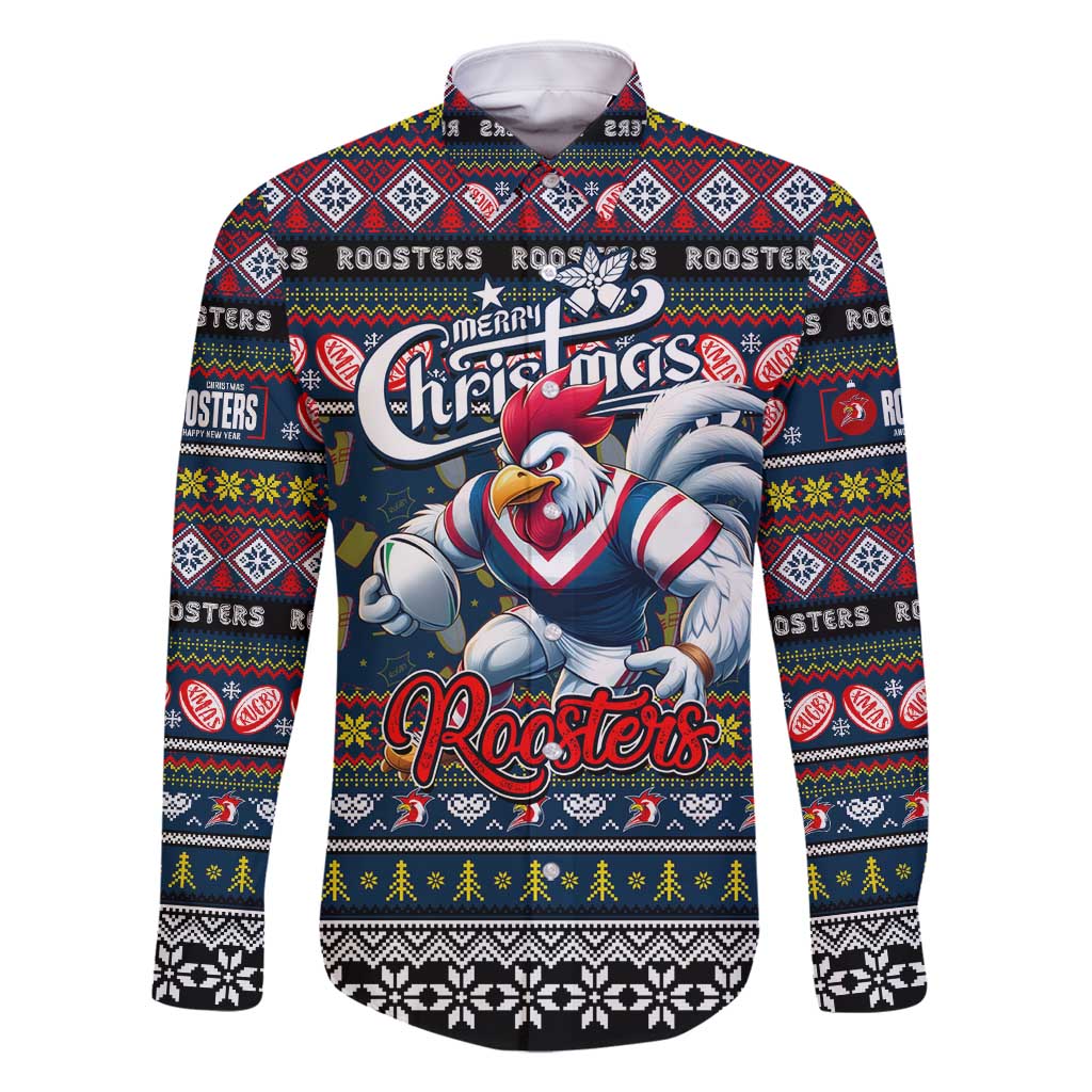 Personalized Roosters Rugby Xmas Family Matching Off Shoulder Maxi Dress and Hawaiian Shirt Australia NRL Mascot