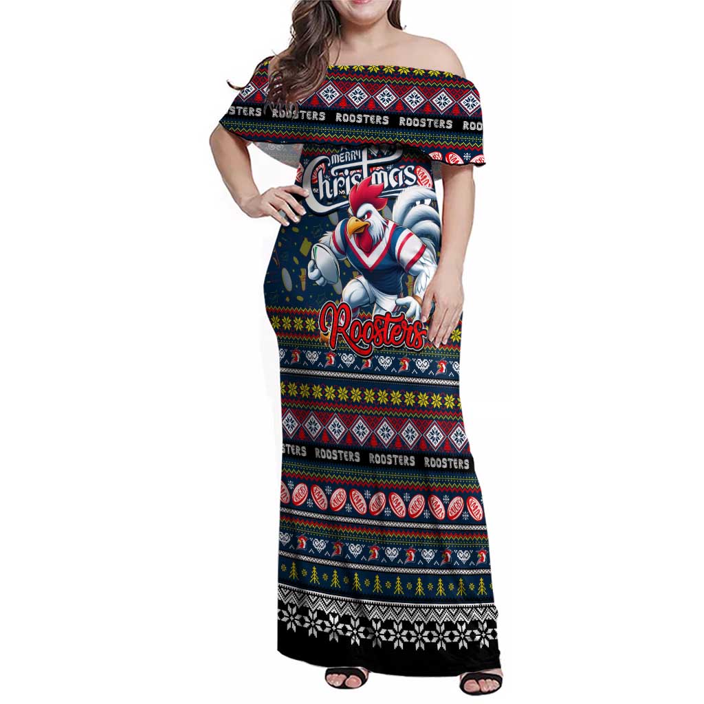 Personalized Roosters Rugby Xmas Family Matching Off Shoulder Maxi Dress and Hawaiian Shirt Australia NRL Mascot