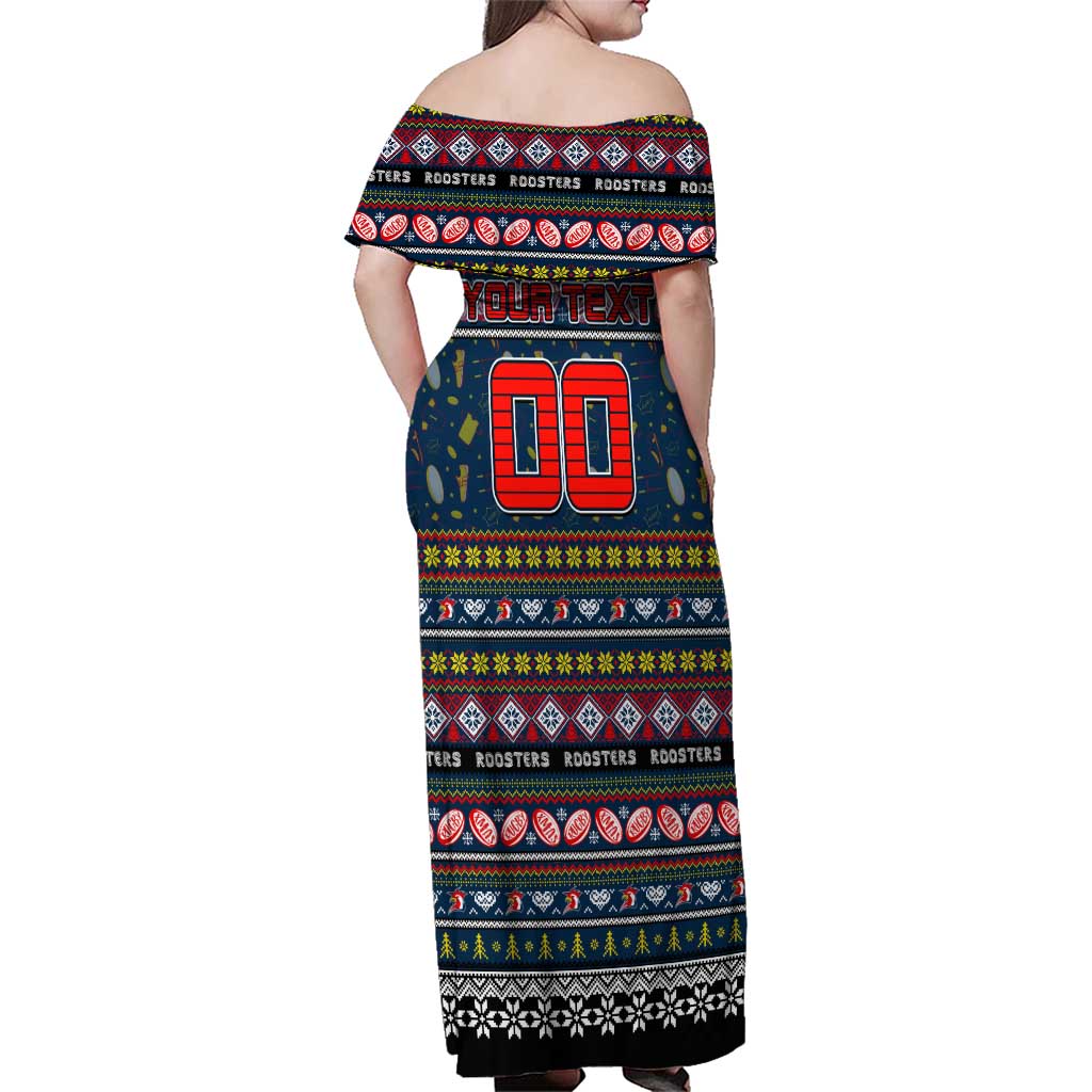 Personalized Roosters Rugby Xmas Family Matching Off Shoulder Maxi Dress and Hawaiian Shirt Australia NRL Mascot