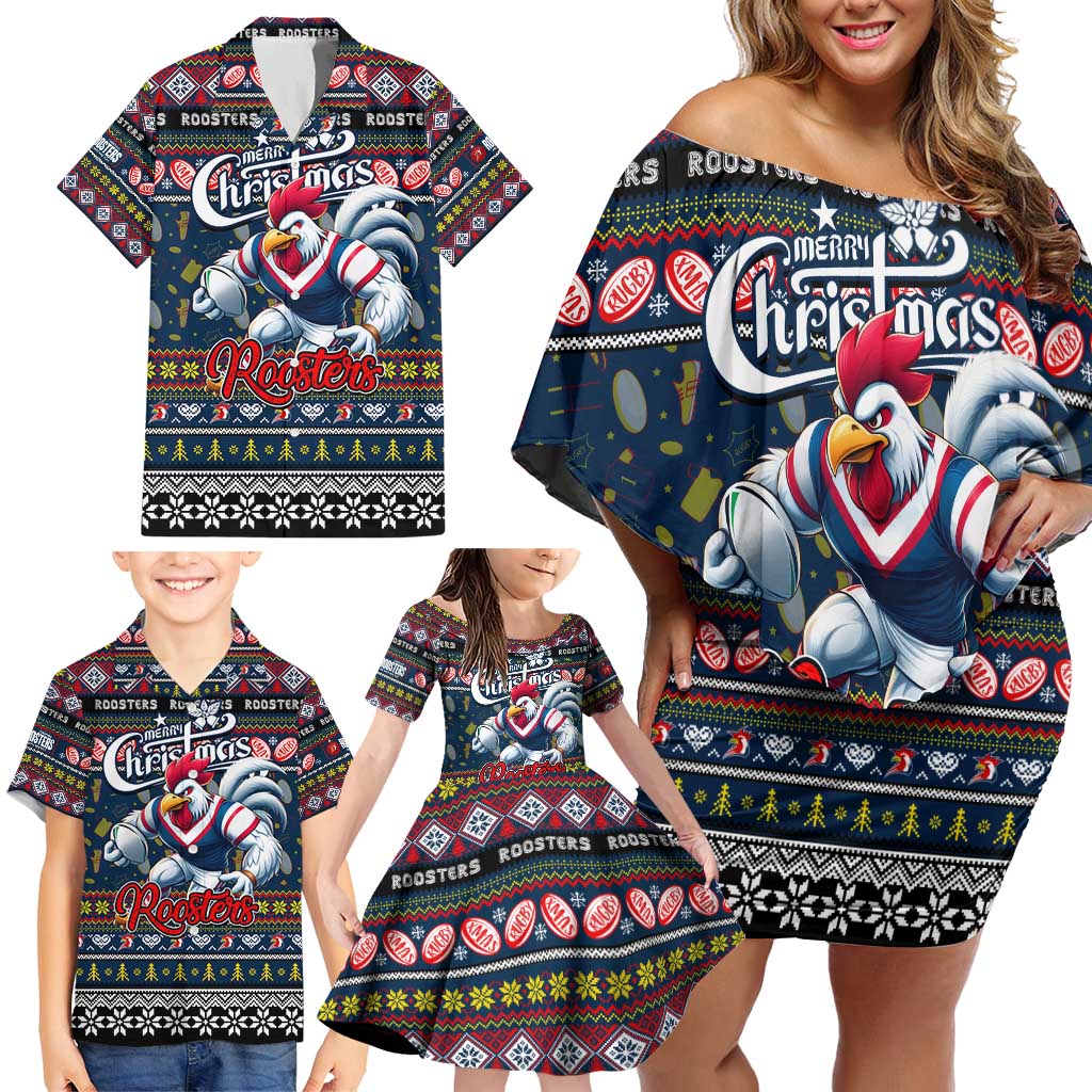 Personalized Roosters Rugby Xmas Family Matching Off Shoulder Short Dress and Hawaiian Shirt Australia NRL Mascot