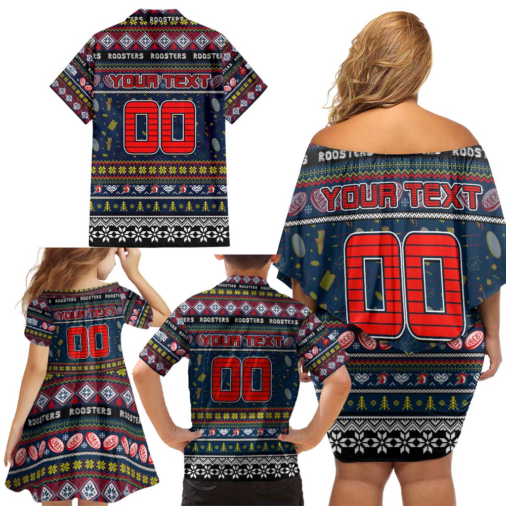 Personalized Roosters Rugby Xmas Family Matching Off Shoulder Short Dress and Hawaiian Shirt Australia NRL Mascot