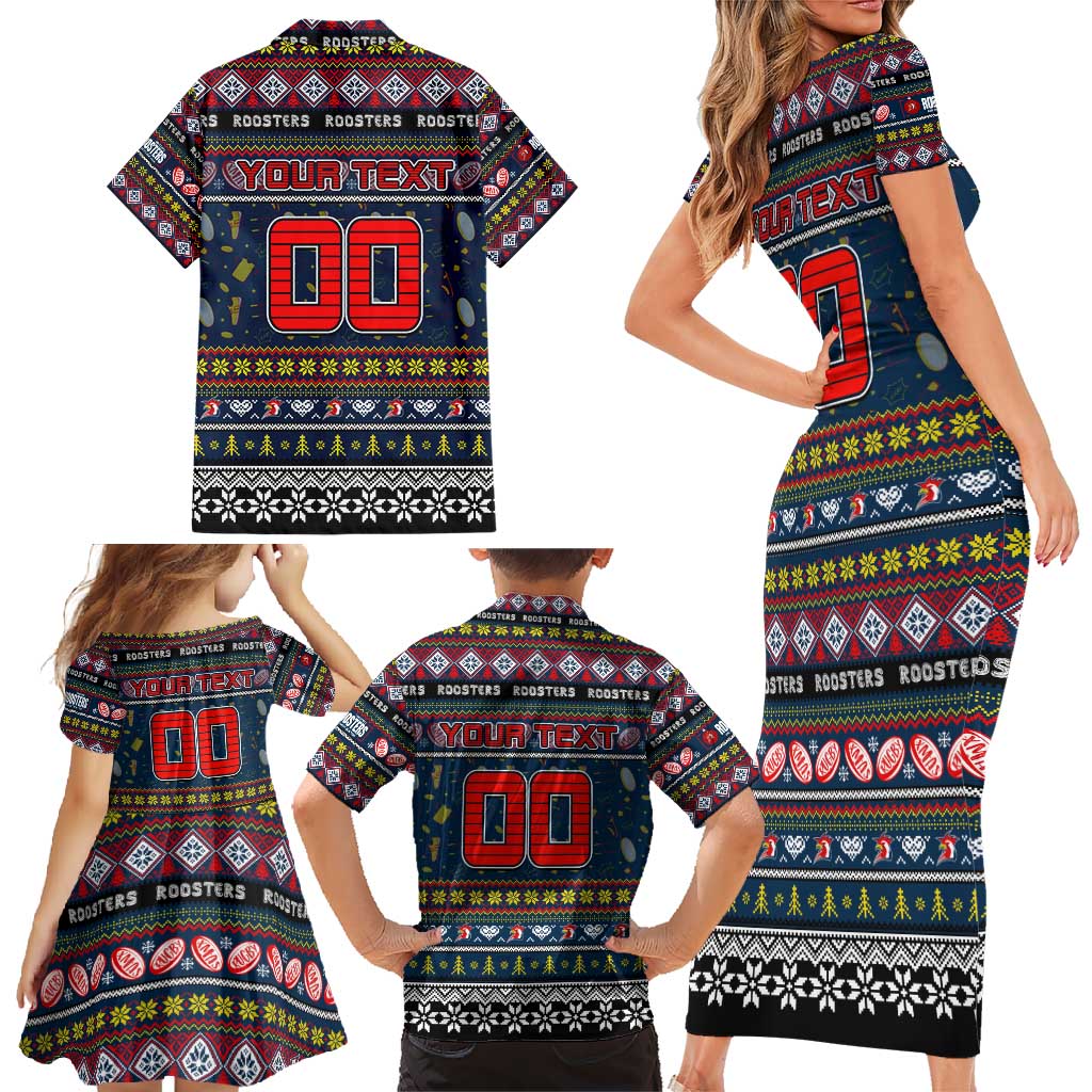 Personalized Roosters Rugby Xmas Family Matching Short Sleeve Bodycon Dress and Hawaiian Shirt Australia NRL Mascot