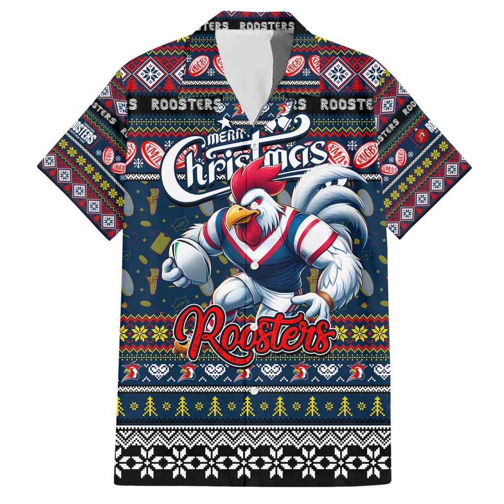 Personalized Roosters Rugby Xmas Family Matching Short Sleeve Bodycon Dress and Hawaiian Shirt Australia NRL Mascot