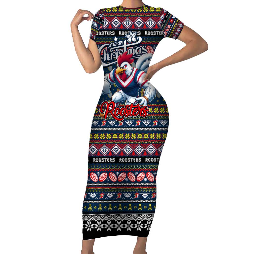 Personalized Roosters Rugby Xmas Family Matching Short Sleeve Bodycon Dress and Hawaiian Shirt Australia NRL Mascot