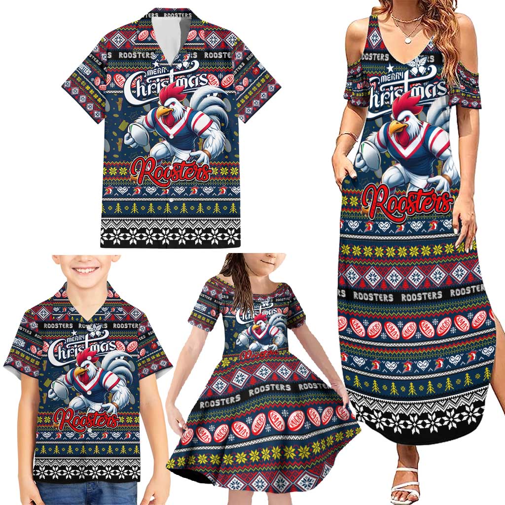 Personalized Roosters Rugby Xmas Family Matching Summer Maxi Dress and Hawaiian Shirt Australia NRL Mascot