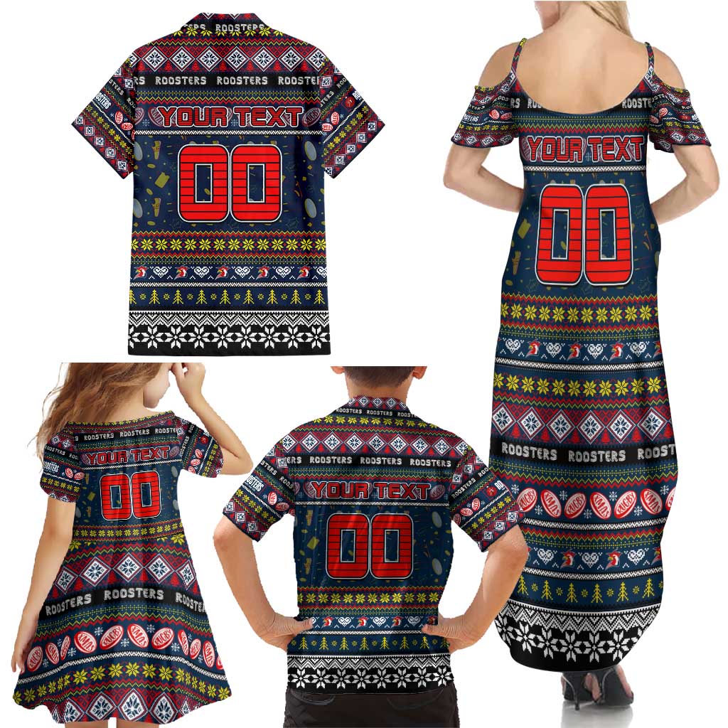 Personalized Roosters Rugby Xmas Family Matching Summer Maxi Dress and Hawaiian Shirt Australia NRL Mascot