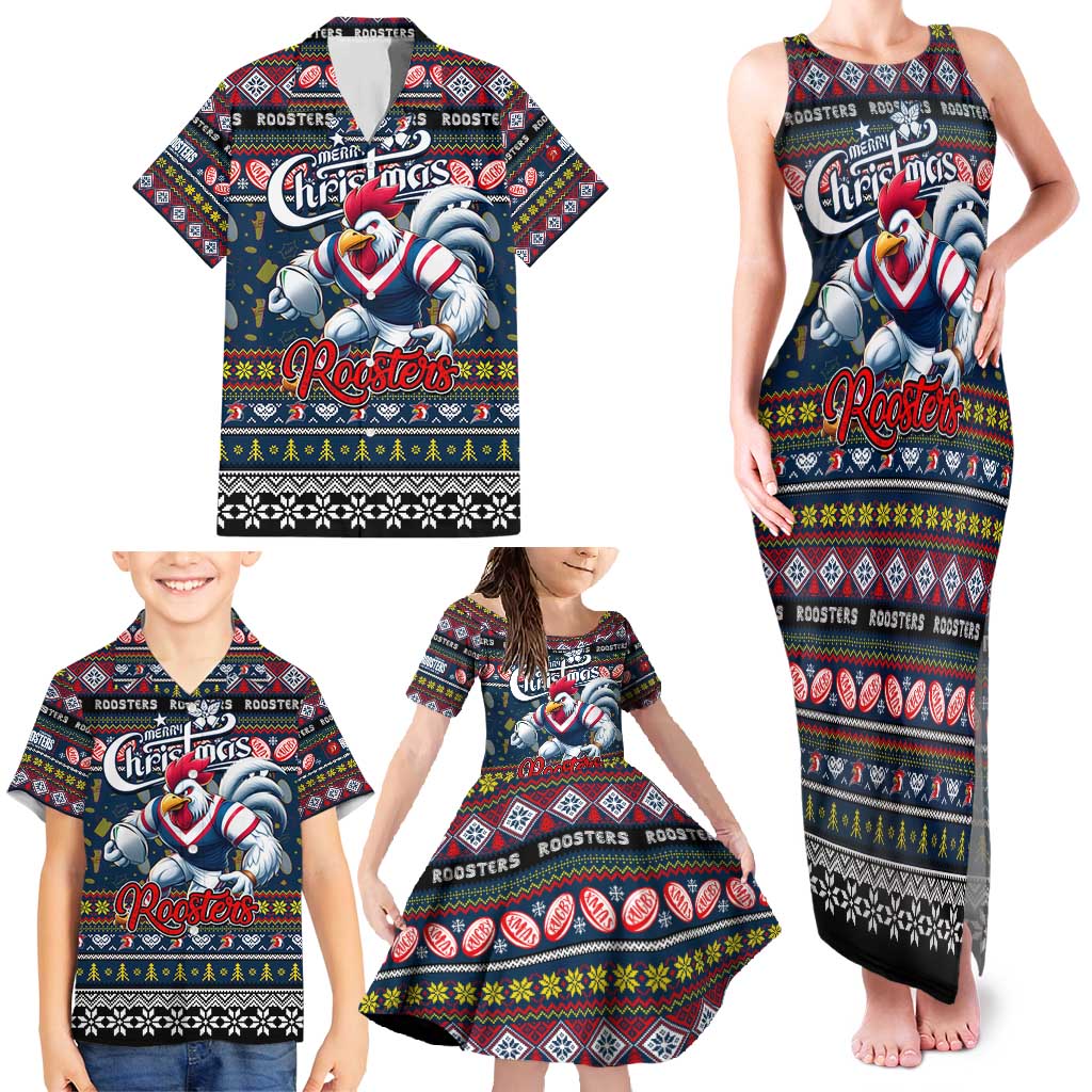 Personalized Roosters Rugby Xmas Family Matching Tank Maxi Dress and Hawaiian Shirt Australia NRL Mascot