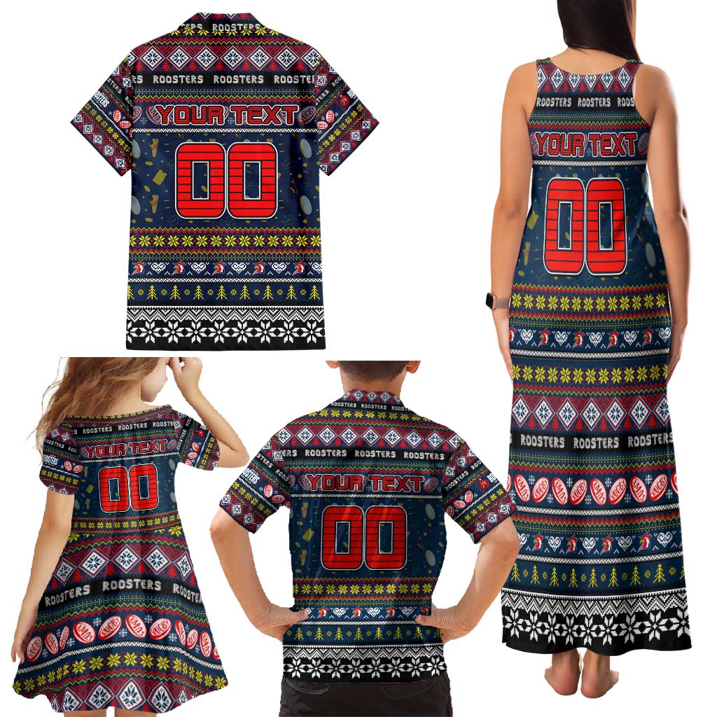 Personalized Roosters Rugby Xmas Family Matching Tank Maxi Dress and Hawaiian Shirt Australia NRL Mascot