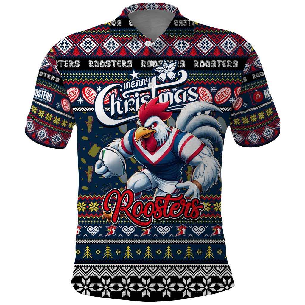 Personalized Roosters Rugby Xmas Polo Shirt Australia NRL Mascot - Vibe Hoodie Shop