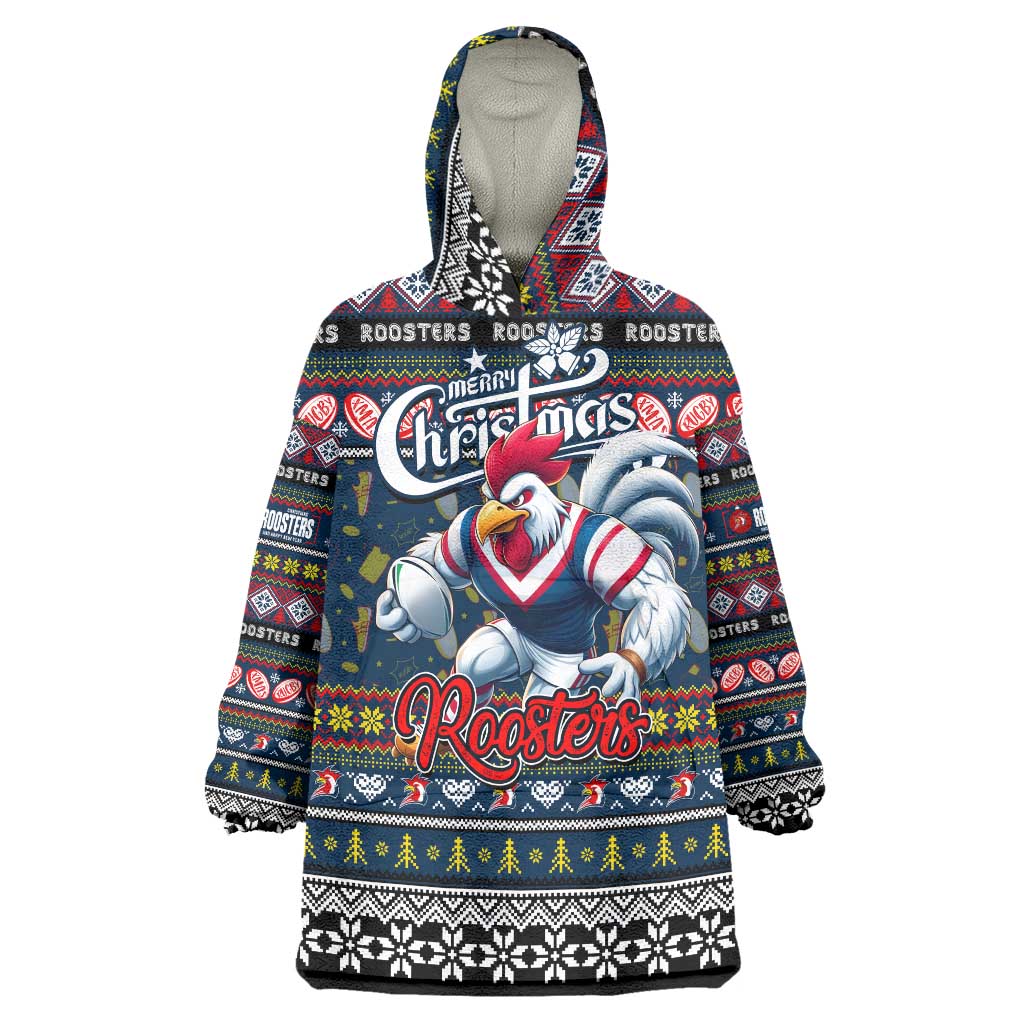 Personalized Roosters Rugby Xmas Wearable Blanket Hoodie Australia NRL Mascot - Vibe Hoodie Shop