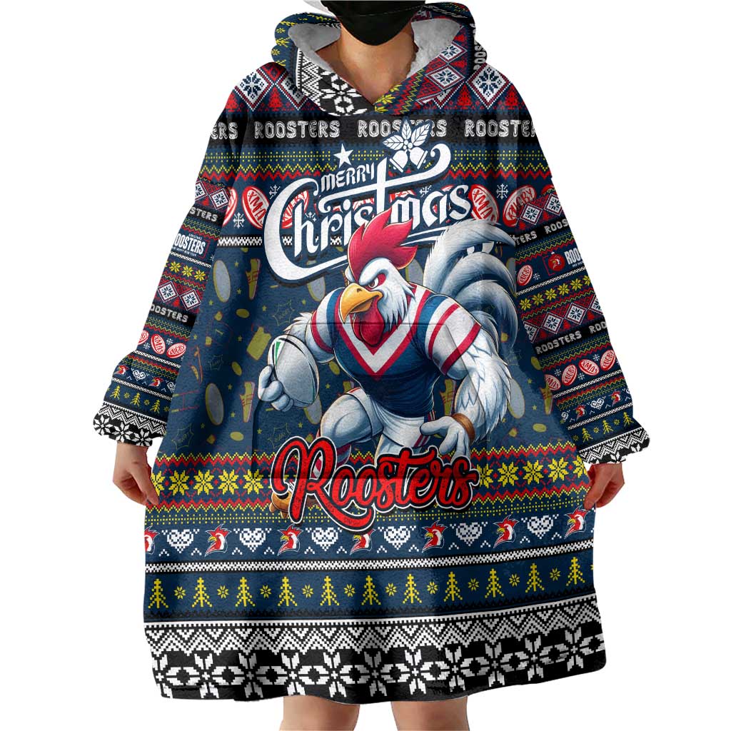 Personalized Roosters Rugby Xmas Wearable Blanket Hoodie Australia NRL Mascot - Vibe Hoodie Shop