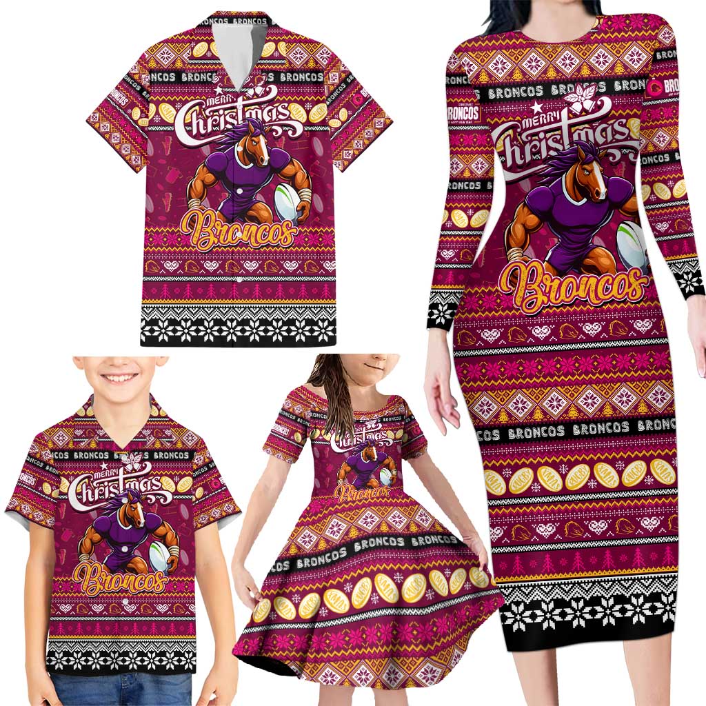 Personalized Broncos Rugby Xmas Family Matching Long Sleeve Bodycon Dress and Hawaiian Shirt Australia NRL Mascot