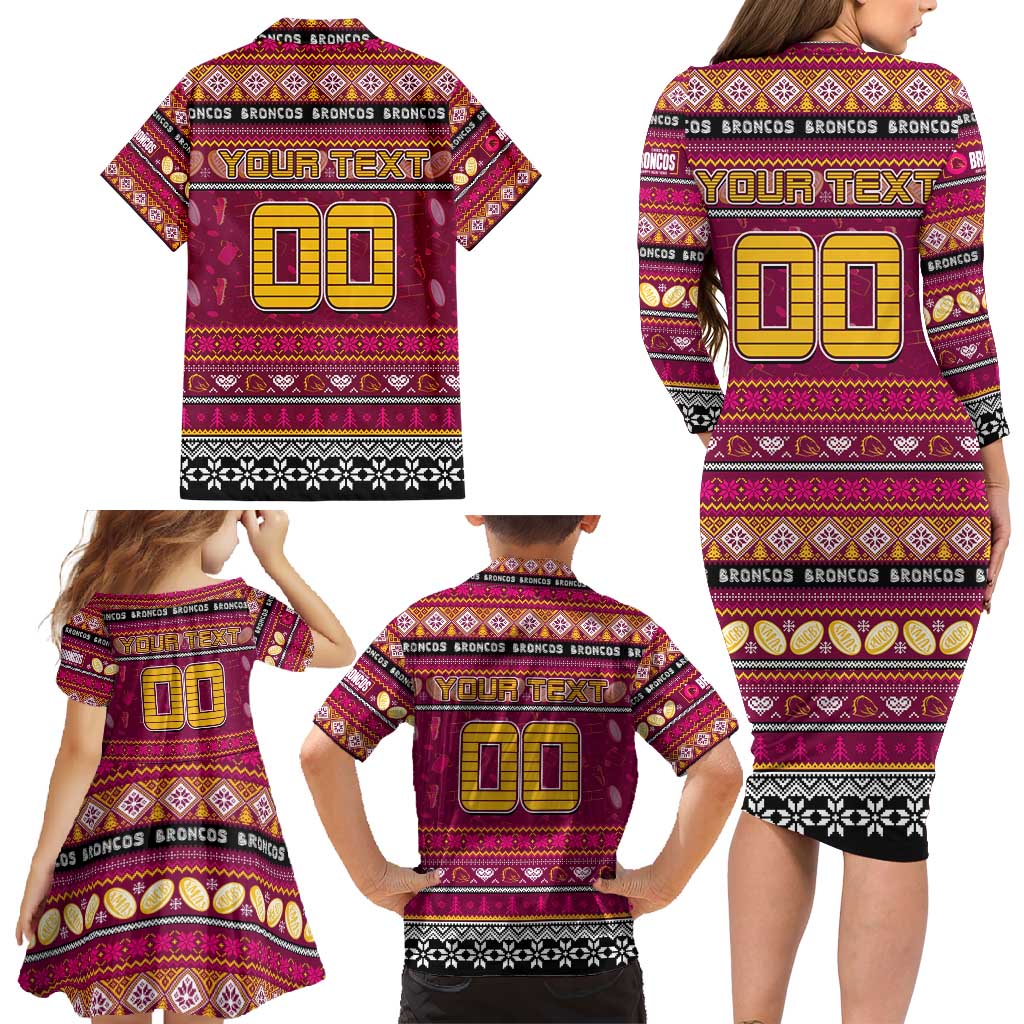 Personalized Broncos Rugby Xmas Family Matching Long Sleeve Bodycon Dress and Hawaiian Shirt Australia NRL Mascot