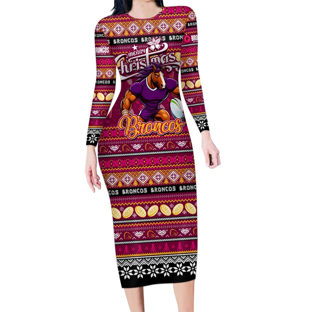 Personalized Broncos Rugby Xmas Family Matching Long Sleeve Bodycon Dress and Hawaiian Shirt Australia NRL Mascot