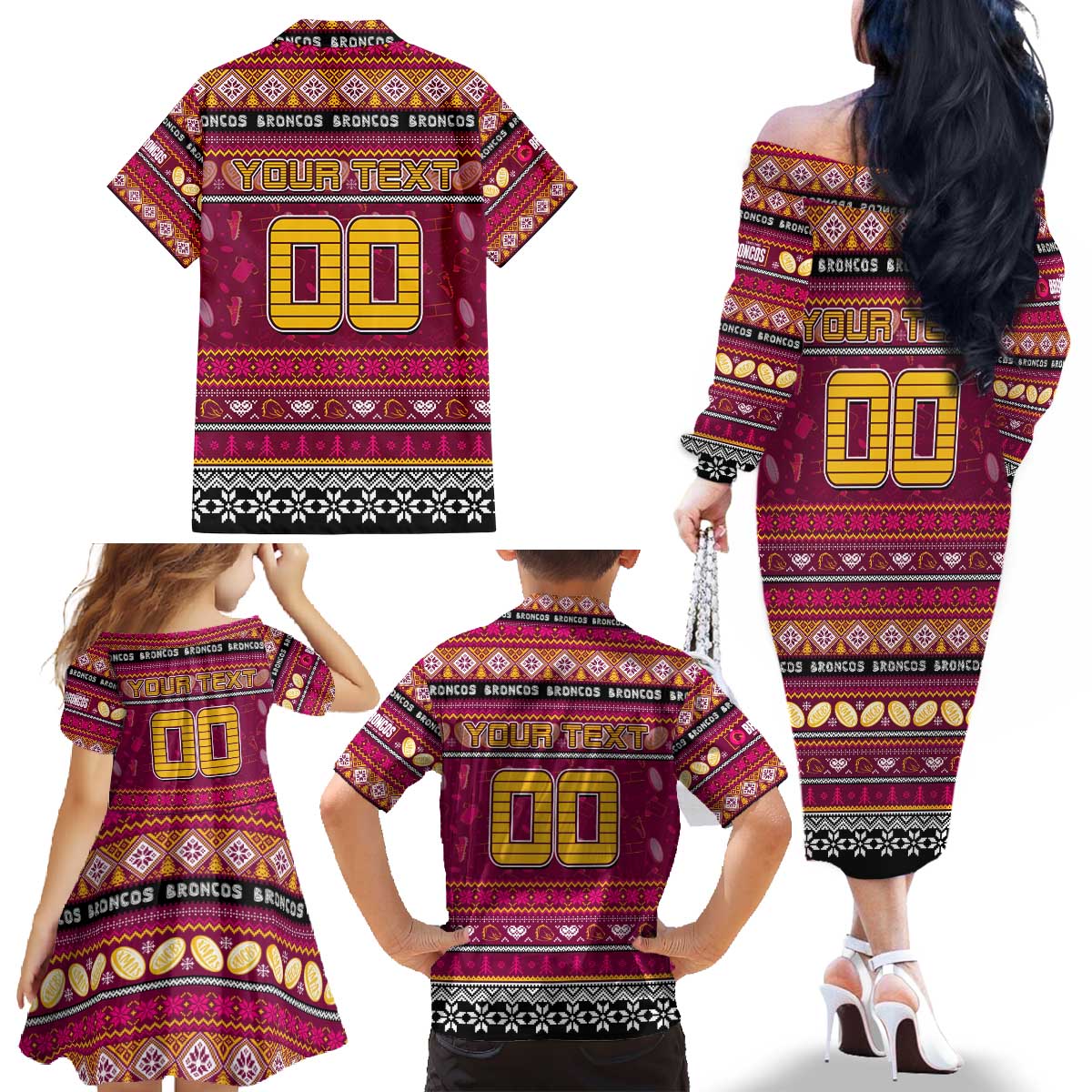 Personalized Broncos Rugby Xmas Family Matching Off The Shoulder Long Sleeve Dress and Hawaiian Shirt Australia NRL Mascot