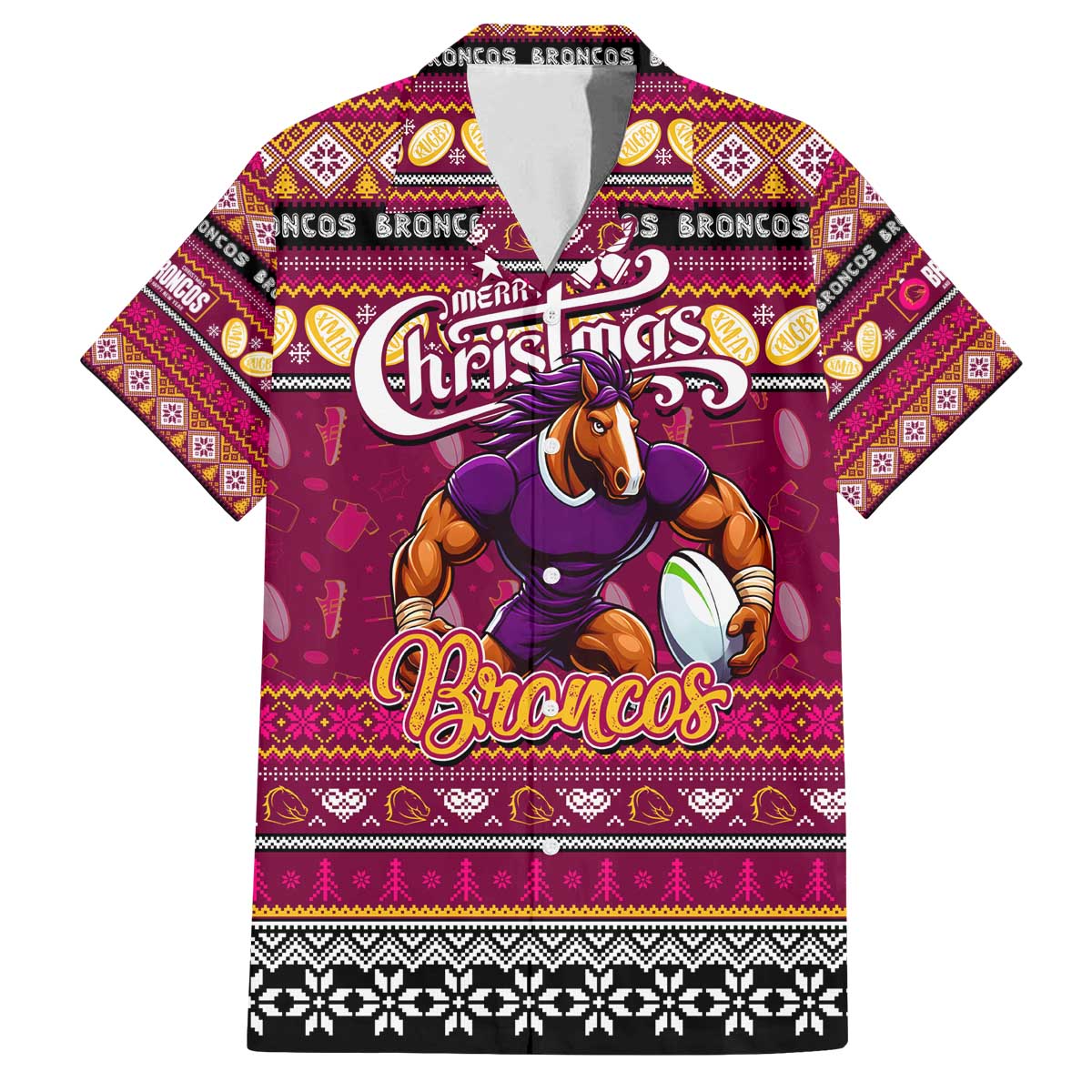 Personalized Broncos Rugby Xmas Family Matching Off The Shoulder Long Sleeve Dress and Hawaiian Shirt Australia NRL Mascot