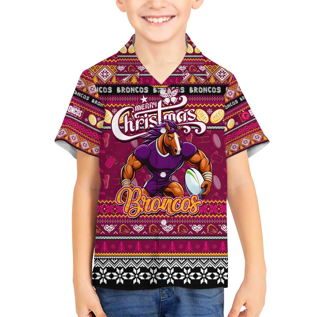 Personalized Broncos Rugby Xmas Family Matching Off Shoulder Maxi Dress and Hawaiian Shirt Australia NRL Mascot