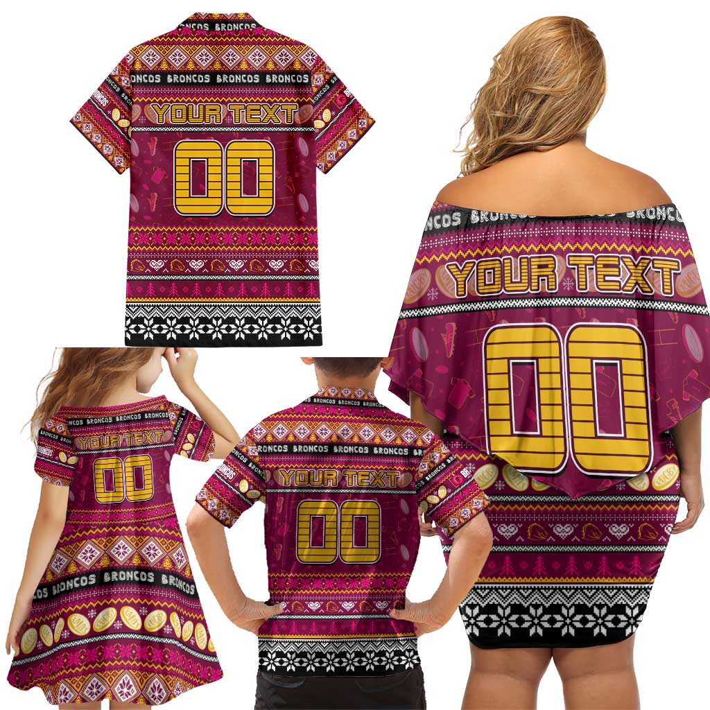Personalized Broncos Rugby Xmas Family Matching Off Shoulder Short Dress and Hawaiian Shirt Australia NRL Mascot