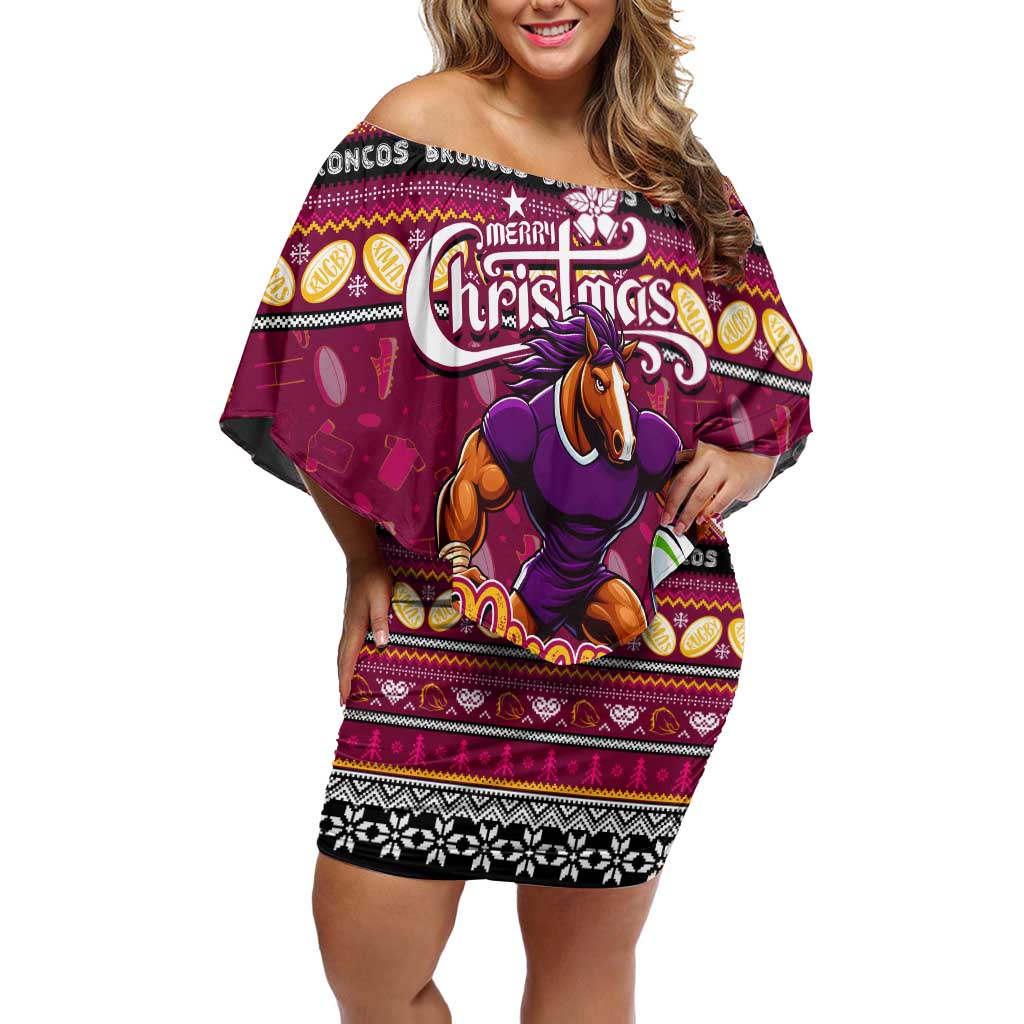 Personalized Broncos Rugby Xmas Family Matching Off Shoulder Short Dress and Hawaiian Shirt Australia NRL Mascot