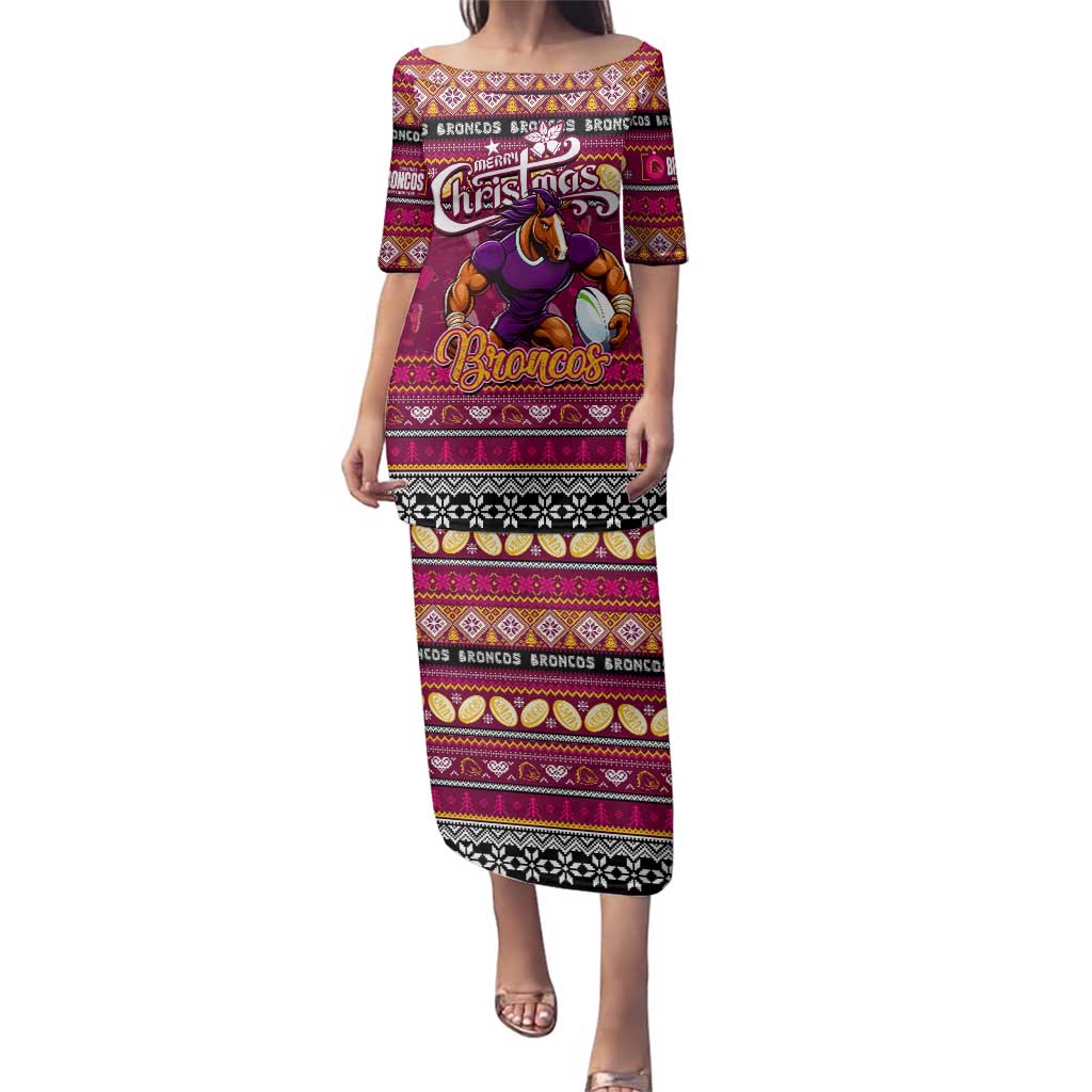 Personalized Broncos Rugby Xmas Family Matching Puletasi and Hawaiian Shirt Australia NRL Mascot