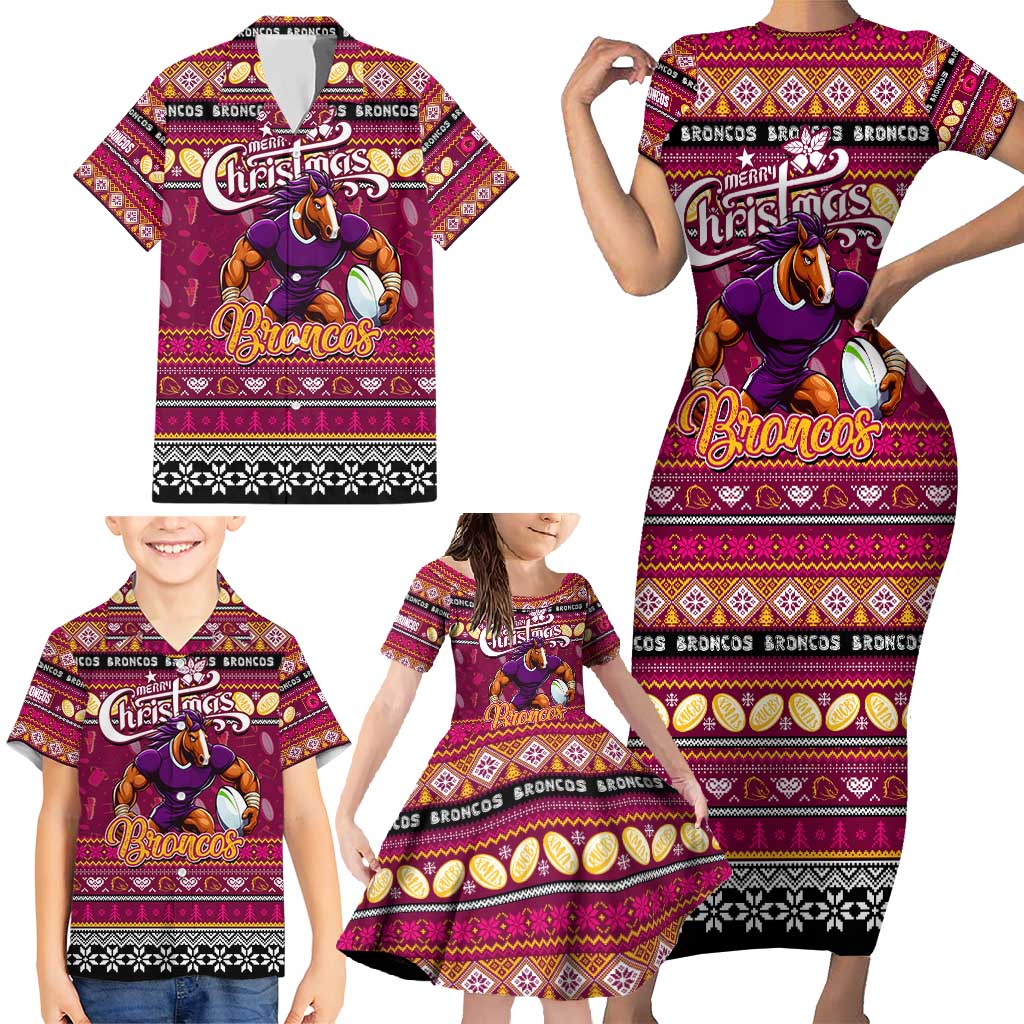 Personalized Broncos Rugby Xmas Family Matching Short Sleeve Bodycon Dress and Hawaiian Shirt Australia NRL Mascot