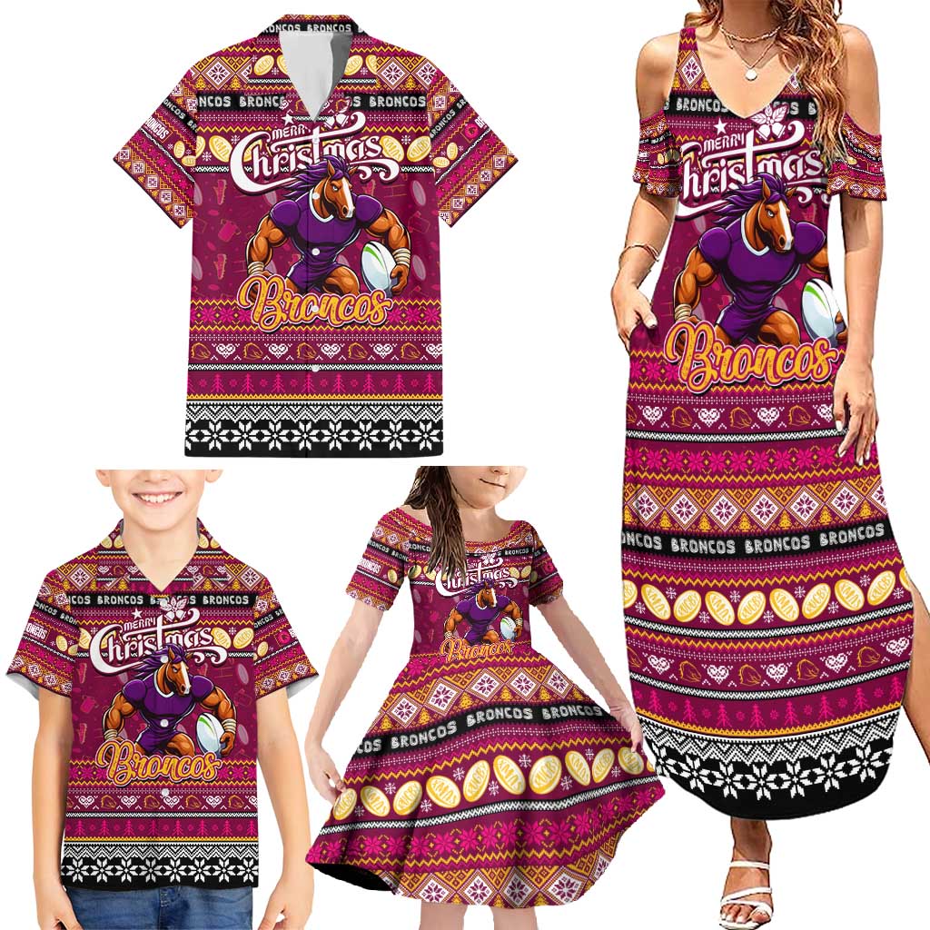 Personalized Broncos Rugby Xmas Family Matching Summer Maxi Dress and Hawaiian Shirt Australia NRL Mascot