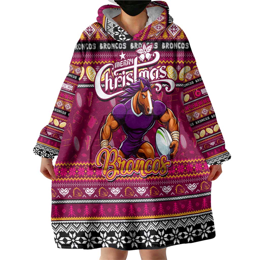 Personalized Broncos Rugby Xmas Wearable Blanket Hoodie Australia NRL Mascot - Vibe Hoodie Shop